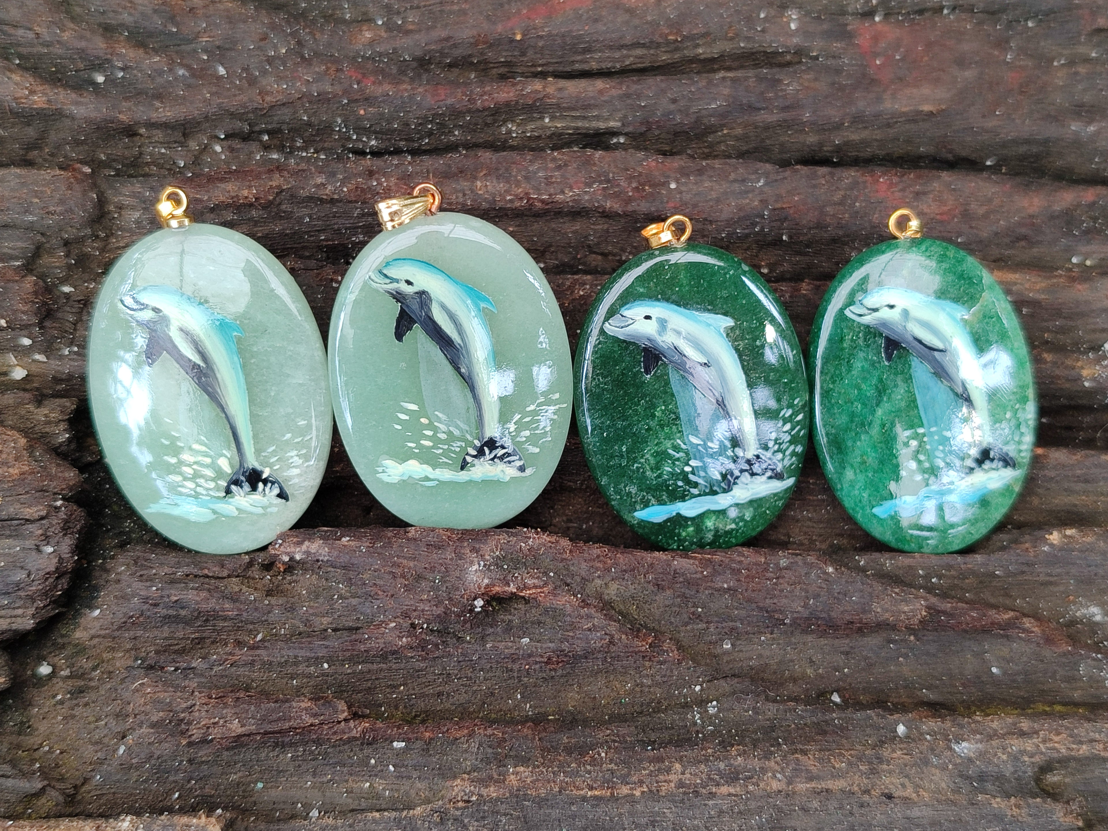 Polished Aventurine Pendant with Hand Painted Dolphin - Sold Per Item - From Zimbabwe - Toprock Gemstones and Minerals 