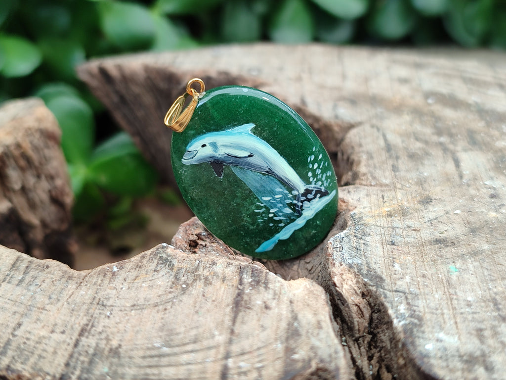 Polished Aventurine Pendant with Hand Painted Dolphin - Sold Per Item - From Zimbabwe - Toprock Gemstones and Minerals 