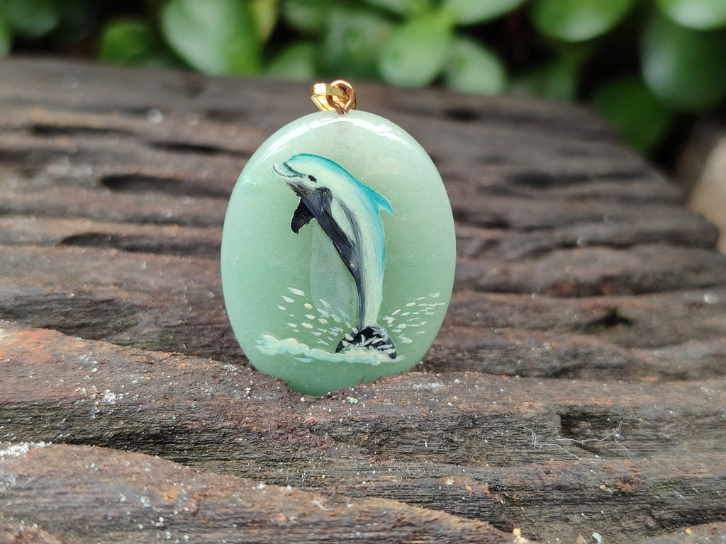 Polished Aventurine Pendant with Hand Painted Dolphin - Sold Per Item - From Zimbabwe - Toprock Gemstones and Minerals 
