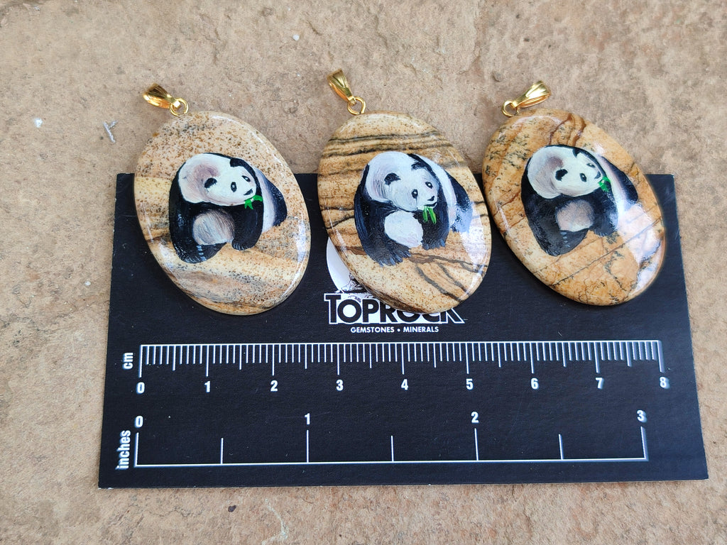 Polished Picture Stone Oval Pendant with Hand Painted Panda- Sold Per Item - From Namibia - Toprock Gemstones and Minerals 