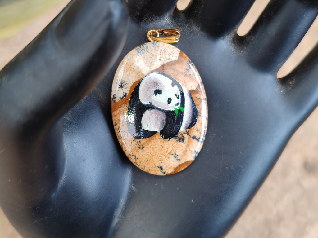 Polished Picture Stone Oval Pendant with Hand Painted Panda- Sold Per Item - From Namibia - Toprock Gemstones and Minerals 