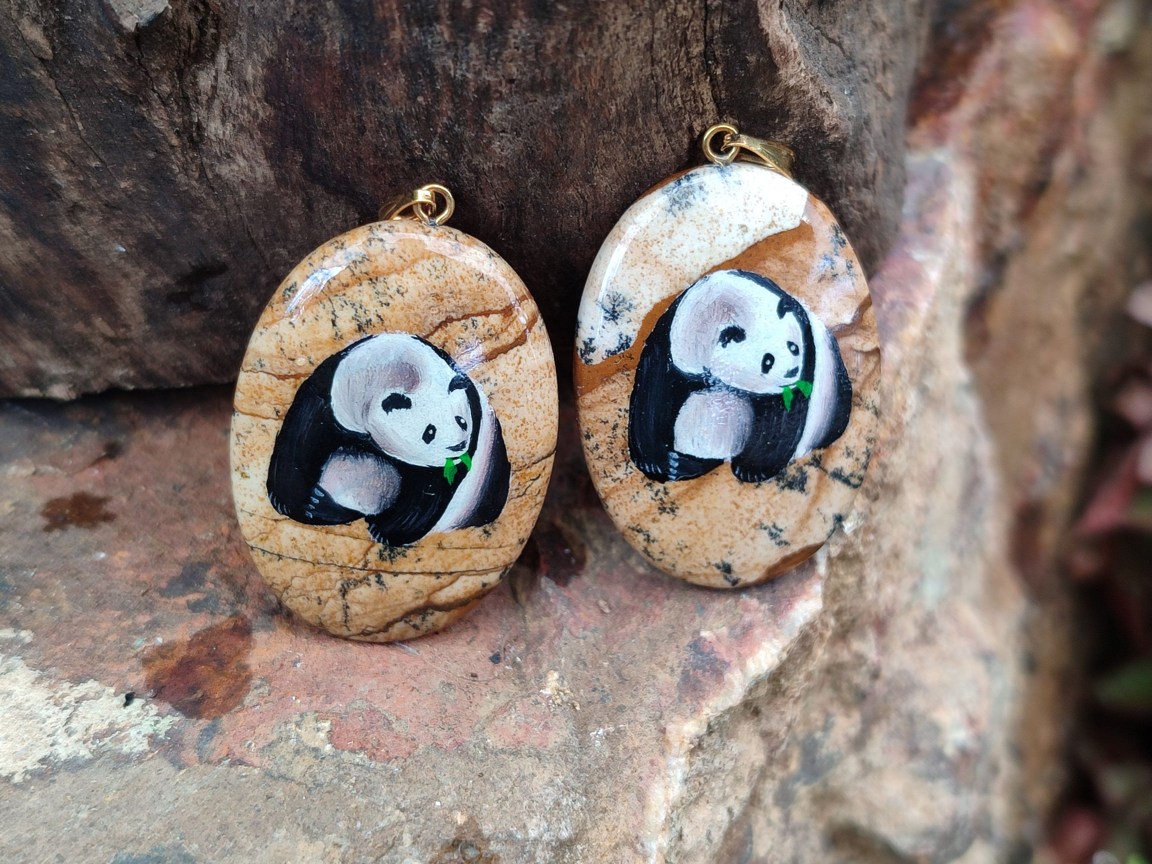 Polished Picture Stone Oval Pendant with Hand Painted Panda- Sold Per Item - From Namibia - Toprock Gemstones and Minerals 