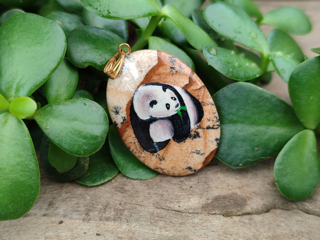Polished Picture Stone Oval Pendant with Hand Painted Panda- Sold Per Item - From Namibia - Toprock Gemstones and Minerals 