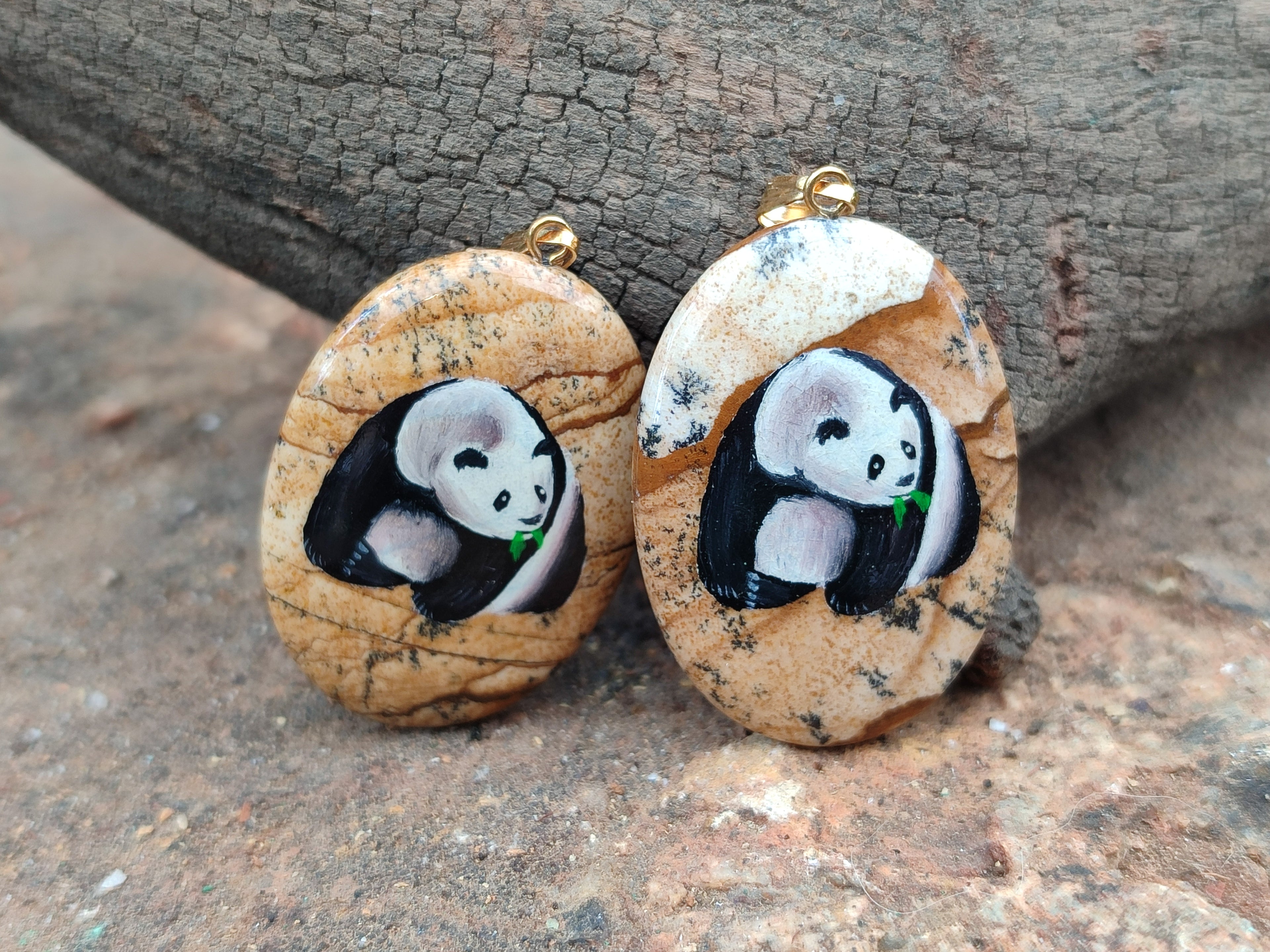 Polished Picture Stone Oval Pendant with Hand Painted Panda- Sold Per Item - From Namibia - Toprock Gemstones and Minerals 