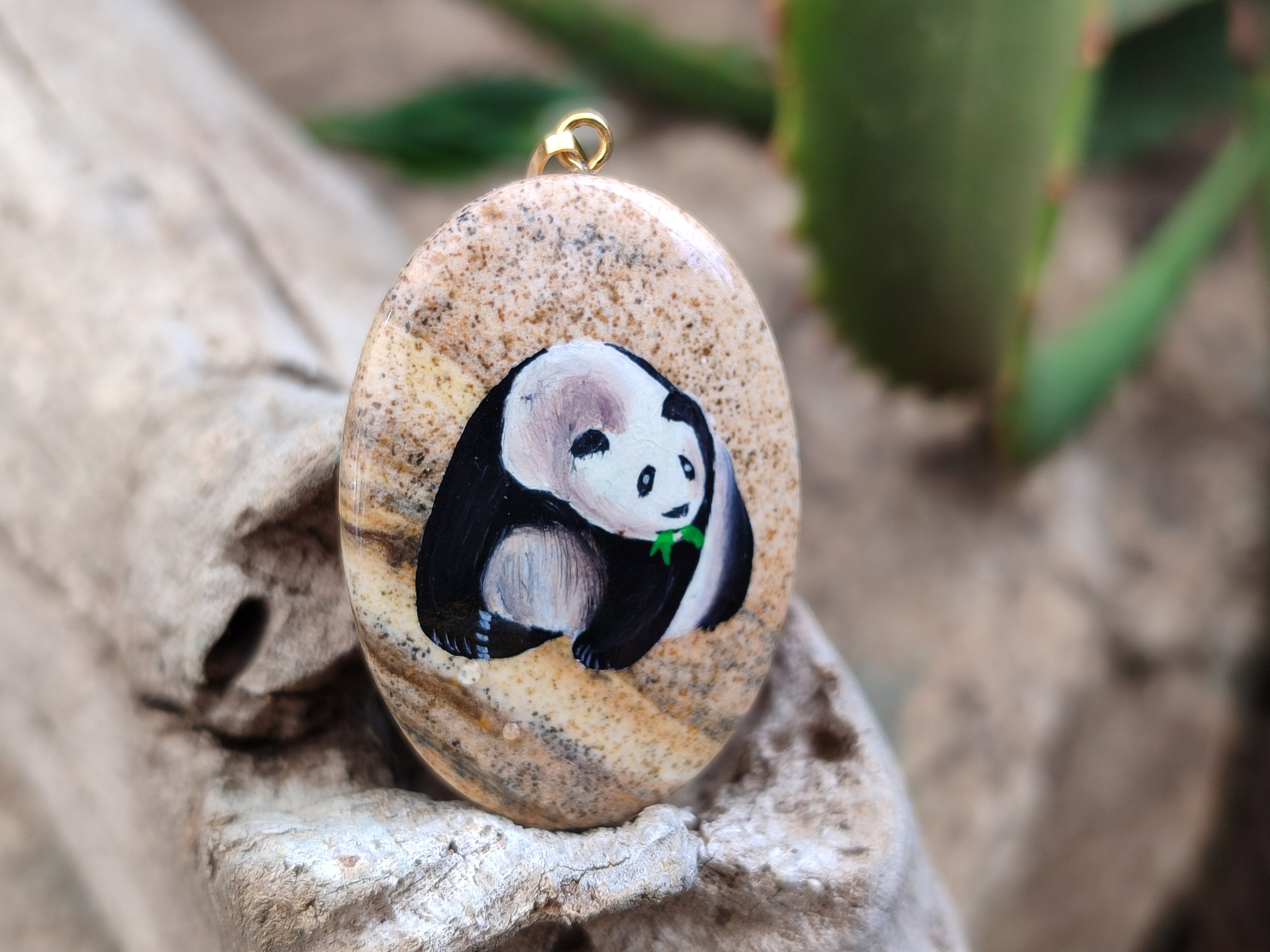 Polished Picture Stone Oval Pendant with Hand Painted Panda- Sold Per Item - From Namibia - Toprock Gemstones and Minerals 