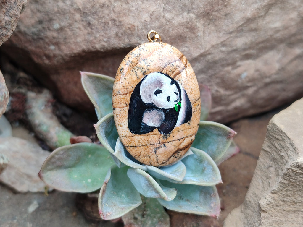 Polished Picture Stone Oval Pendant with Hand Painted Panda- Sold Per Item - From Namibia - Toprock Gemstones and Minerals 