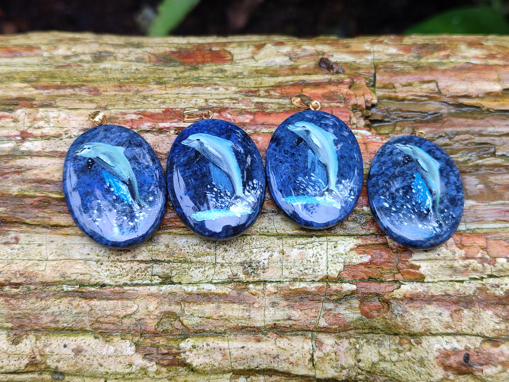 Polished Sodalite Pendant with Hand Painted Dolphin - Sold Per Item - From Namibia - Toprock Gemstones and Minerals 