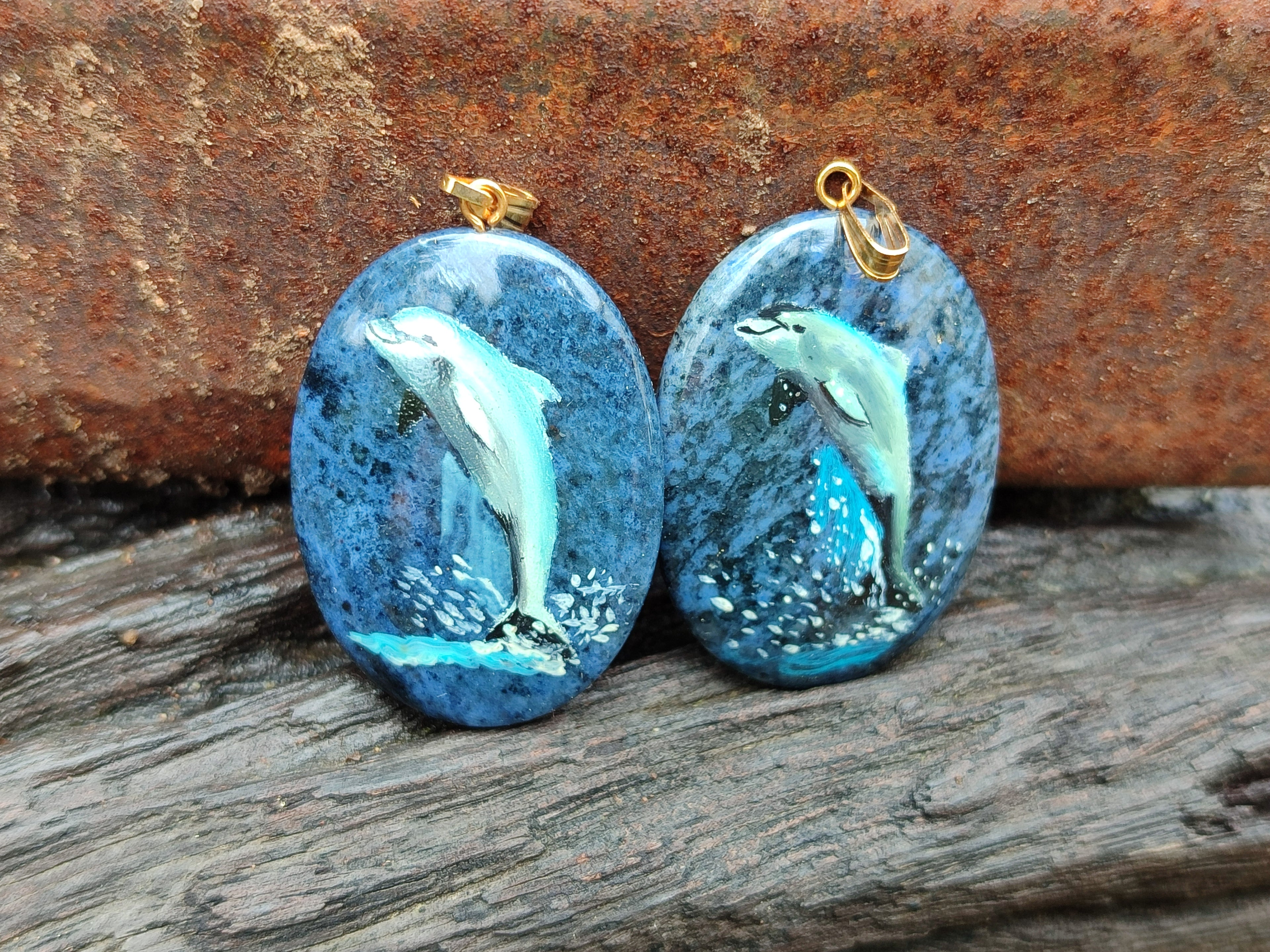 Polished Sodalite Pendant with Hand Painted Dolphin - Sold Per Item - From Namibia - Toprock Gemstones and Minerals 