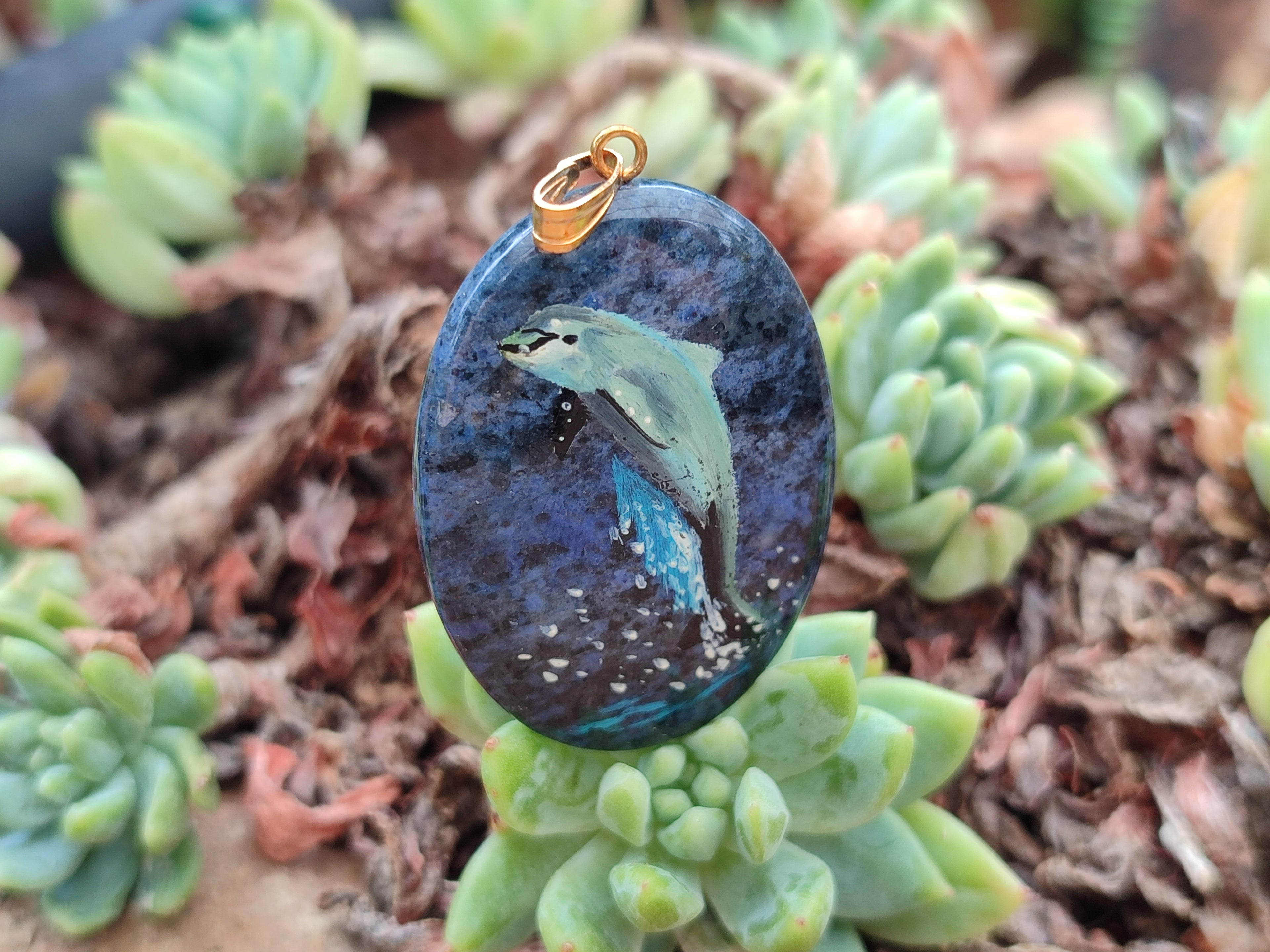 Polished Sodalite Pendant with Hand Painted Dolphin - Sold Per Item - From Namibia - Toprock Gemstones and Minerals 