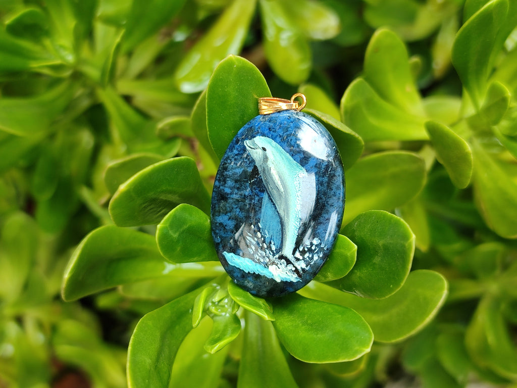 Polished Sodalite Pendant with Hand Painted Dolphin - Sold Per Item - From Namibia - Toprock Gemstones and Minerals 