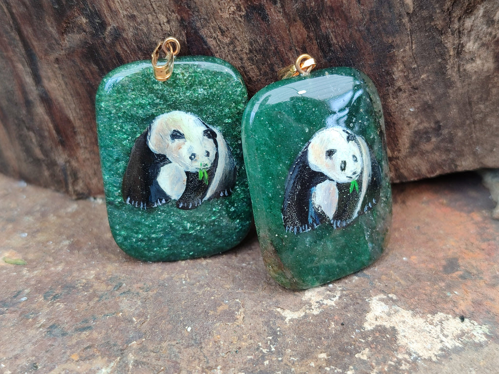Polished Aventurine Pendant with Hand Painted Panda - Sold Per Item - From Zimbabwe - Toprock Gemstones and Minerals 