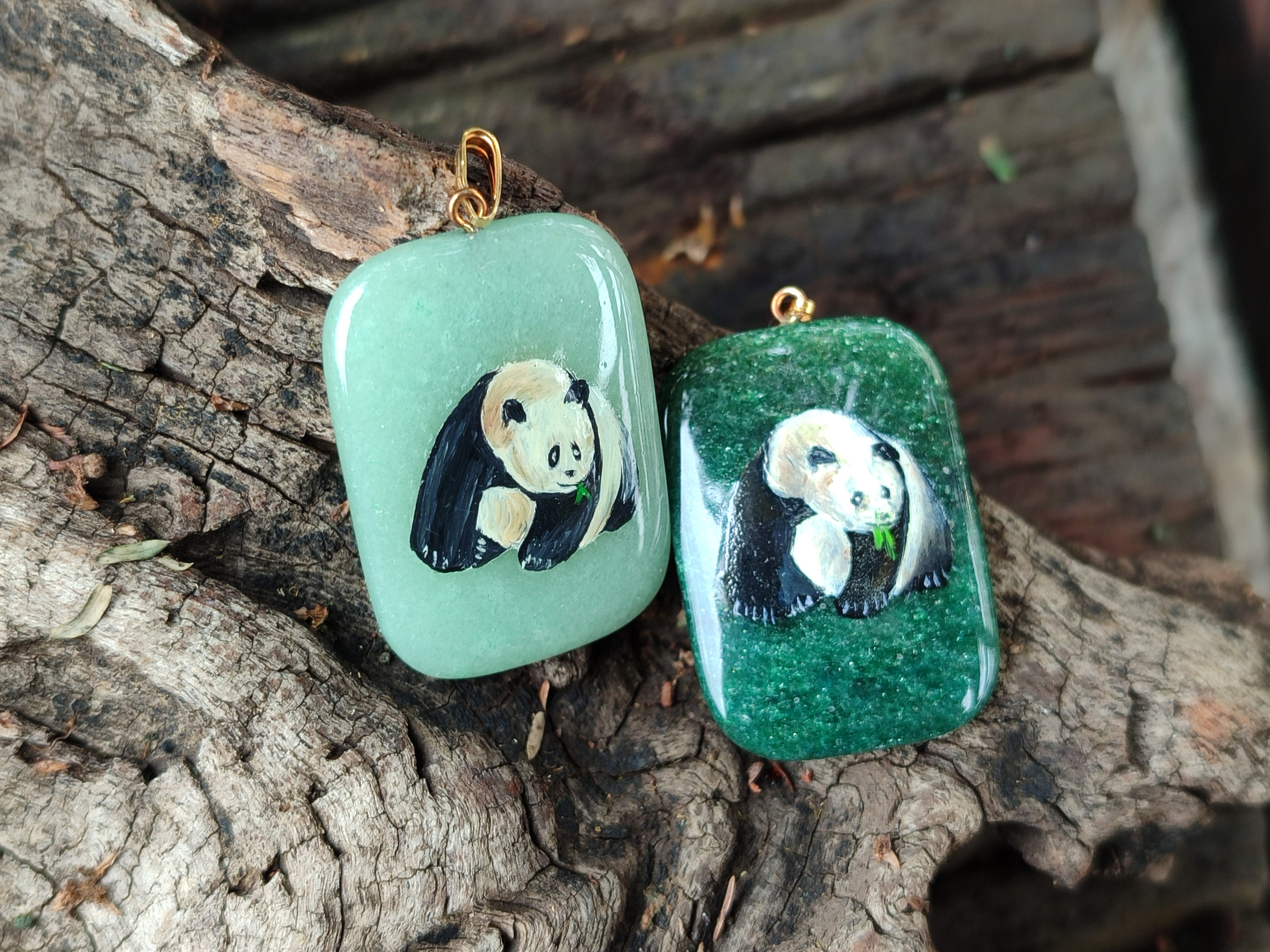 Polished Aventurine Pendant with Hand Painted Panda - Sold Per Item - From Zimbabwe - Toprock Gemstones and Minerals 