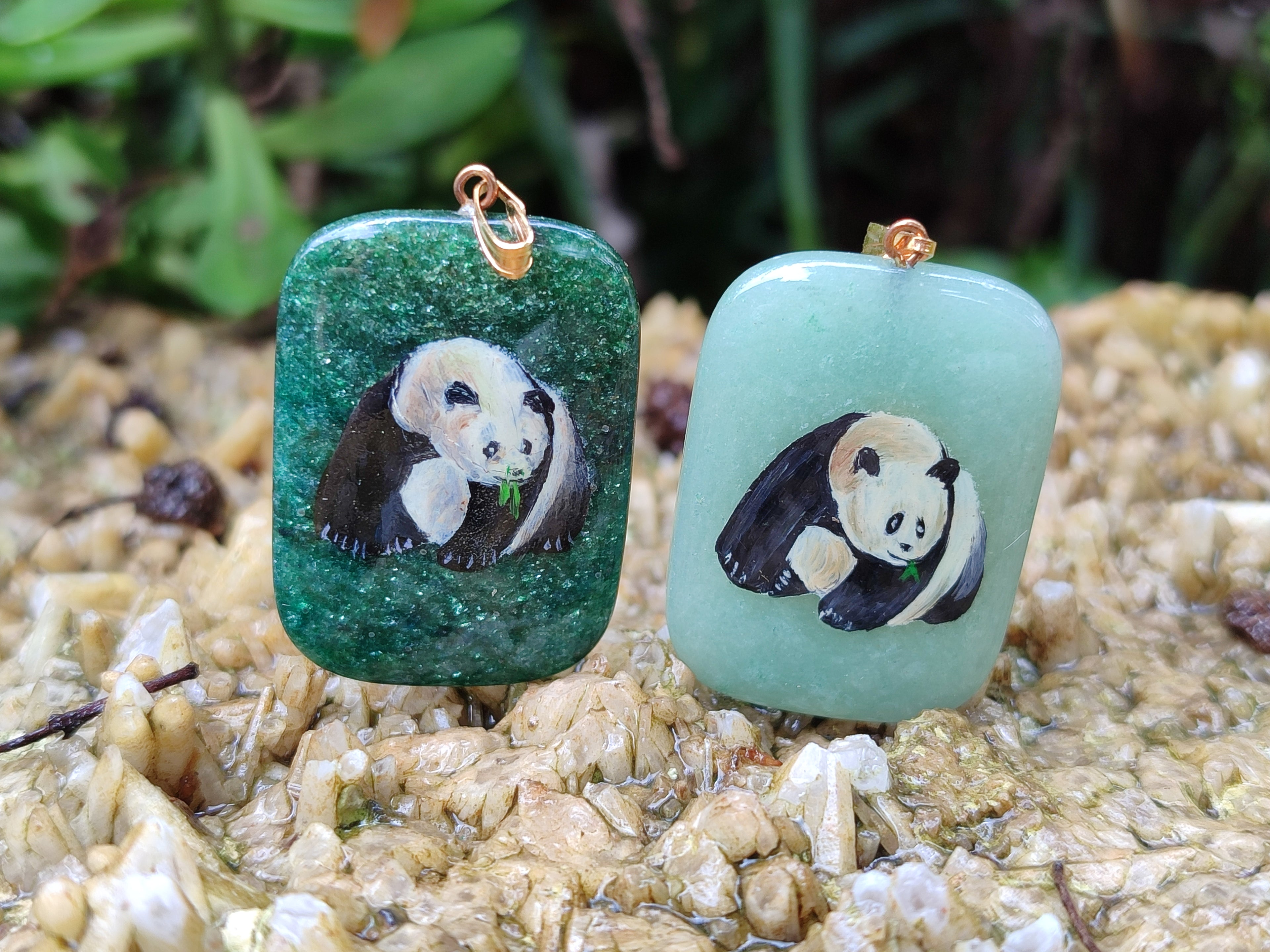 Polished Aventurine Pendant with Hand Painted Panda - Sold Per Item - From Zimbabwe - Toprock Gemstones and Minerals 