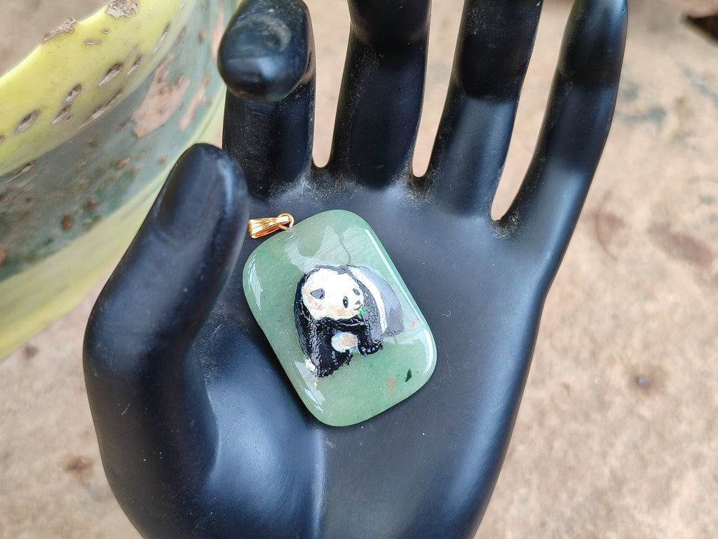 Polished Aventurine Pendant with Hand Painted Panda - Sold Per Item - From Zimbabwe - Toprock Gemstones and Minerals 