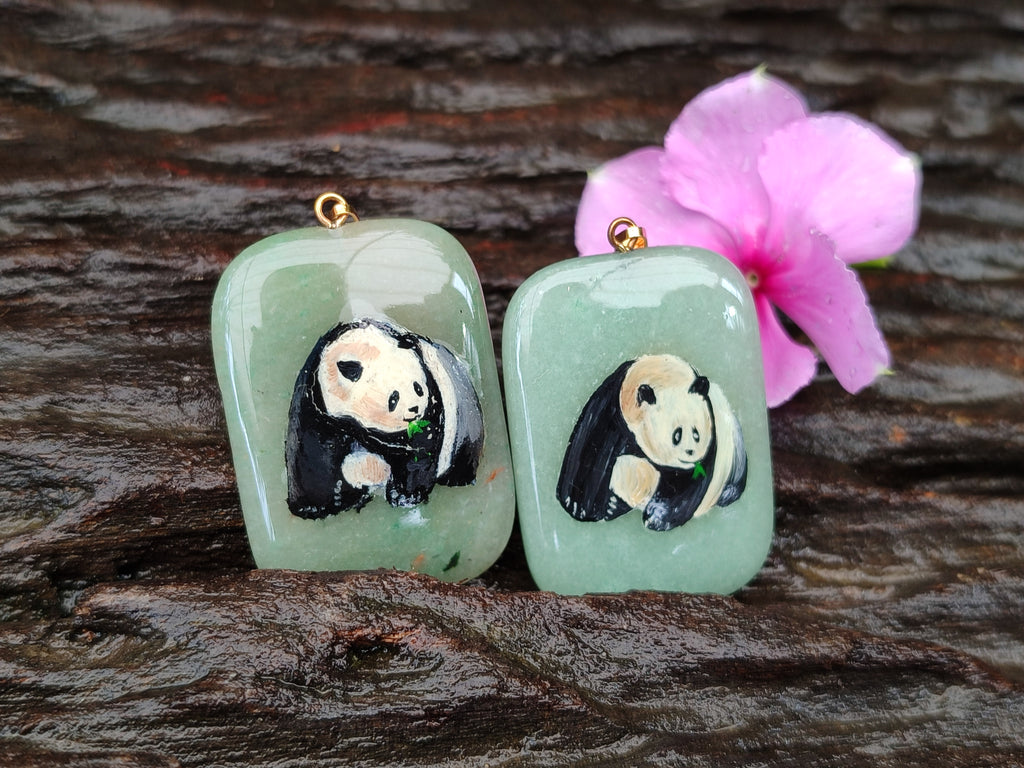 Polished Aventurine Pendant with Hand Painted Panda - Sold Per Item - From Zimbabwe - Toprock Gemstones and Minerals 