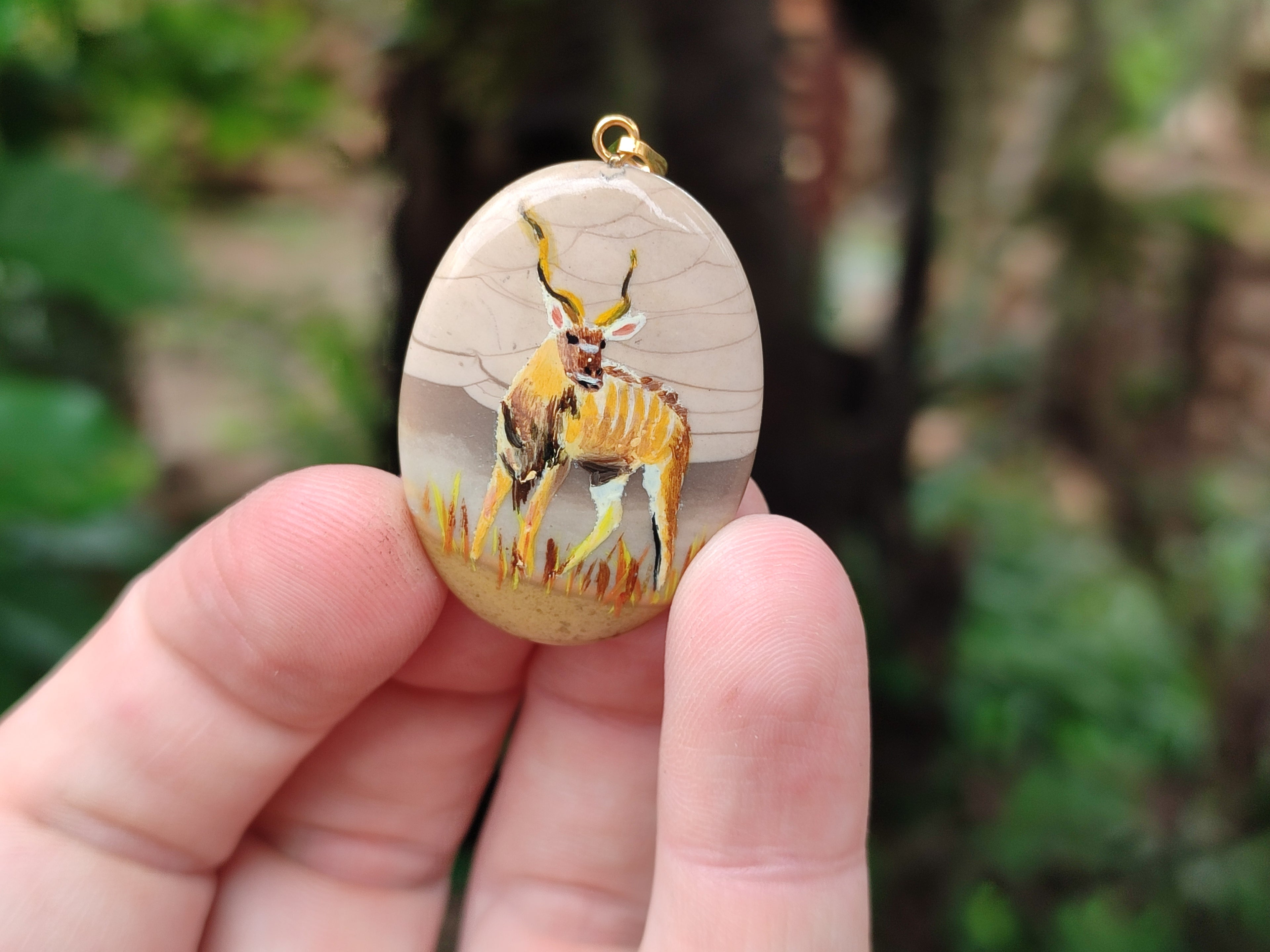 Polished Polychrome Jasper Pendant with Hand Painted Kudu - sold per item - From Madagascar - Toprock Gemstones and Minerals 