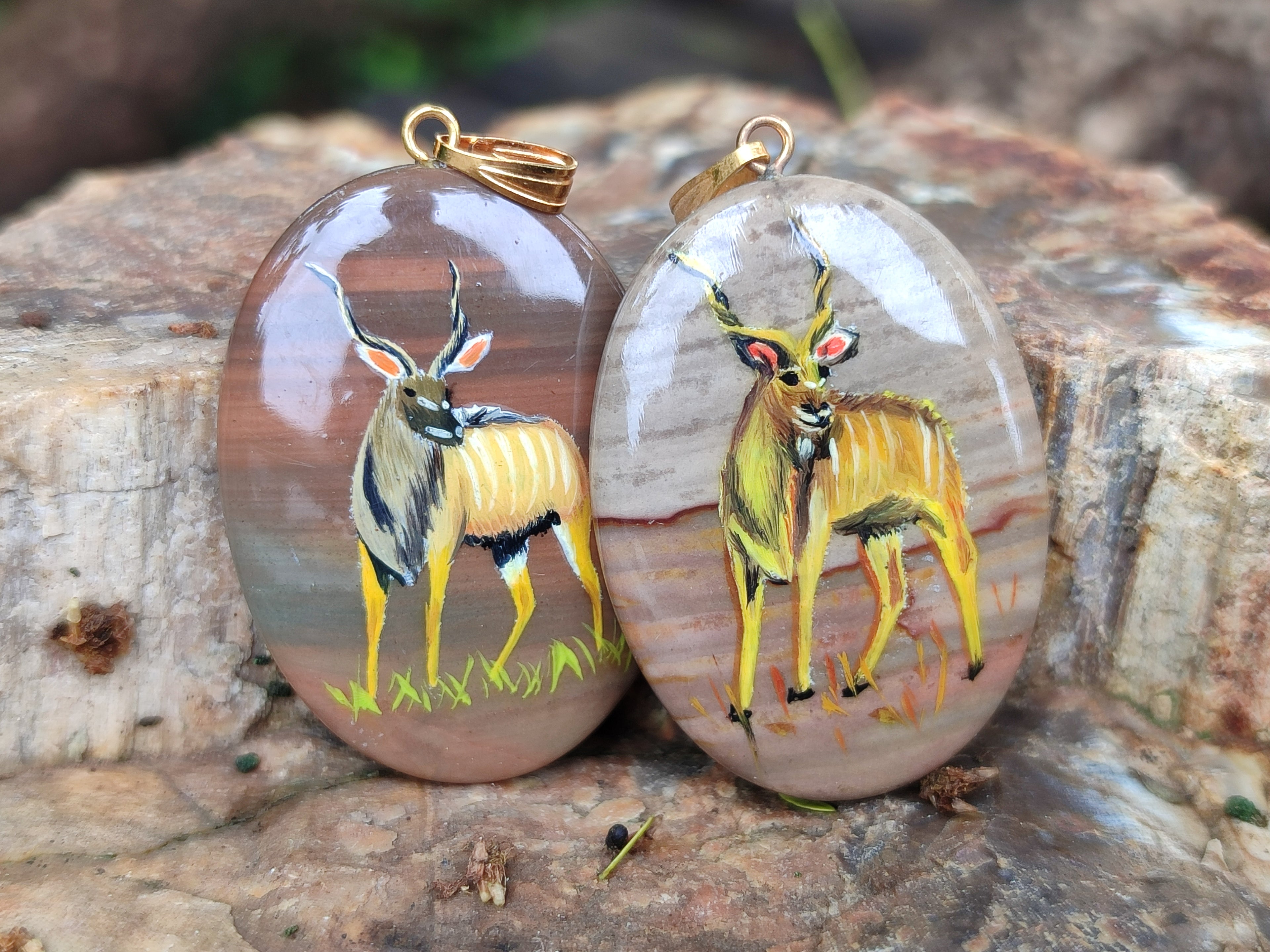 Polished Polychrome Jasper Pendant with Hand Painted Kudu - sold per item - From Madagascar - Toprock Gemstones and Minerals 