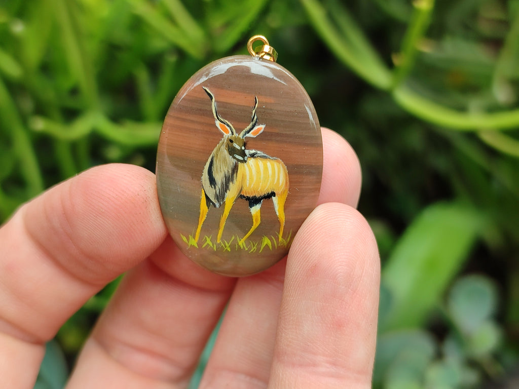 Polished Polychrome Jasper Pendant with Hand Painted Kudu - sold per item - From Madagascar - Toprock Gemstones and Minerals 
