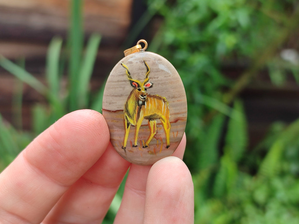 Polished Polychrome Jasper Pendant with Hand Painted Kudu - sold per item - From Madagascar - Toprock Gemstones and Minerals 
