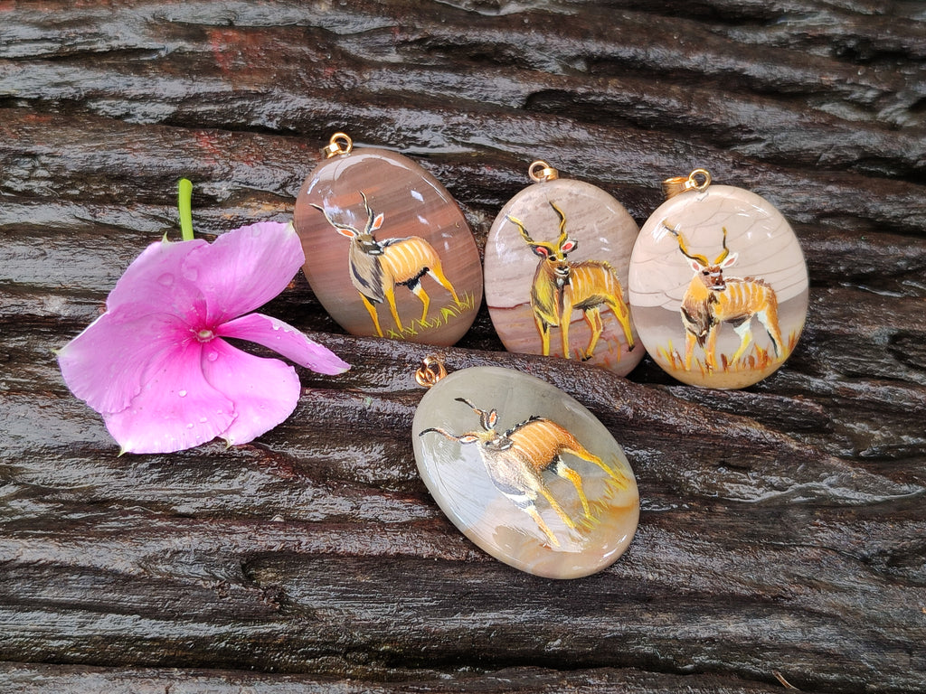 Polished Polychrome Jasper Pendant with Hand Painted Kudu - sold per item - From Madagascar - Toprock Gemstones and Minerals 