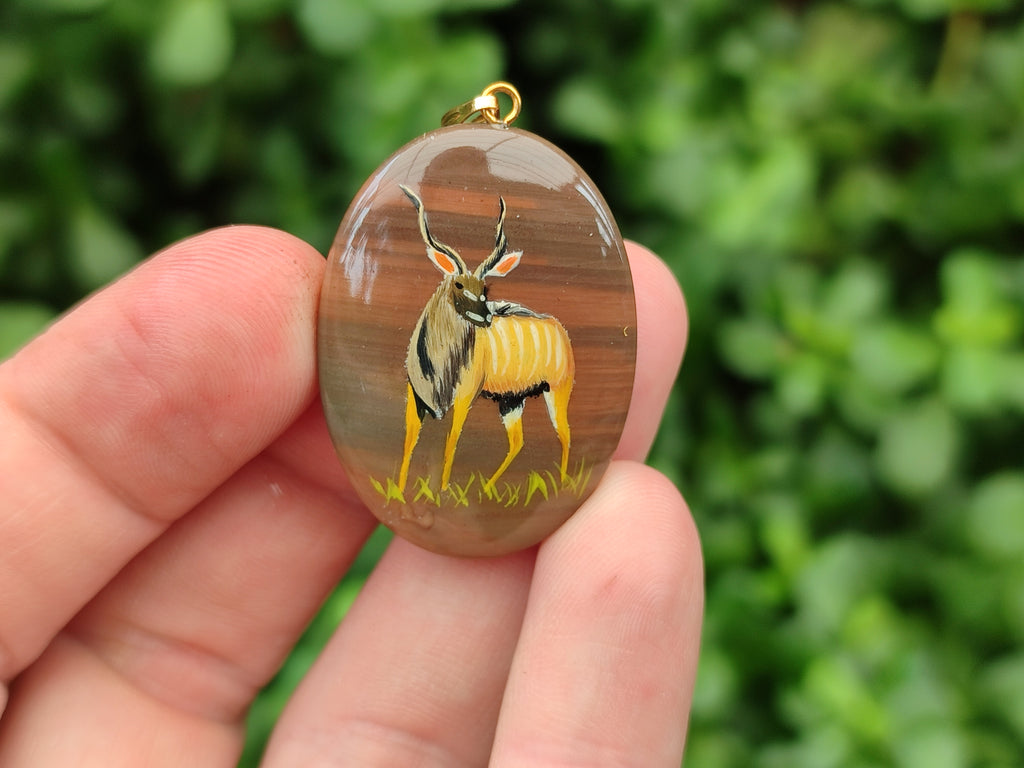 Polished Polychrome Jasper Pendant with Hand Painted Kudu - sold per item - From Madagascar - Toprock Gemstones and Minerals 