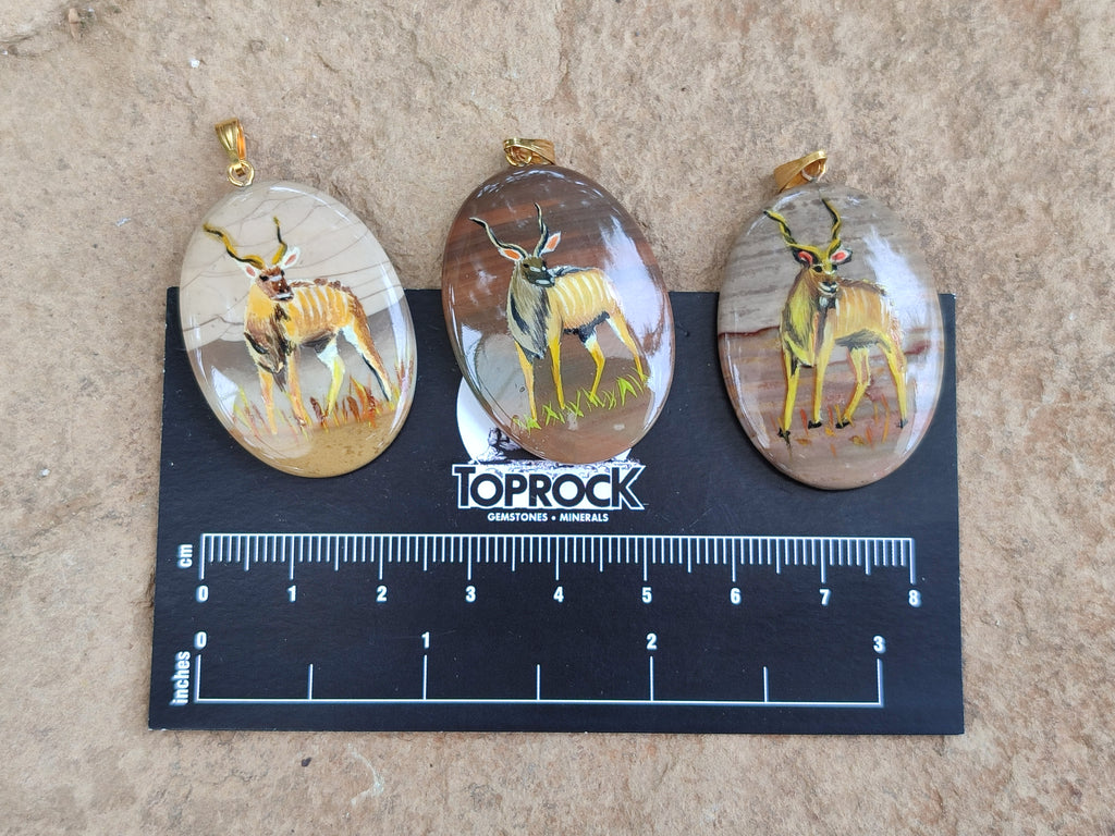Polished Polychrome Jasper Pendant with Hand Painted Kudu - sold per item - From Madagascar - Toprock Gemstones and Minerals 
