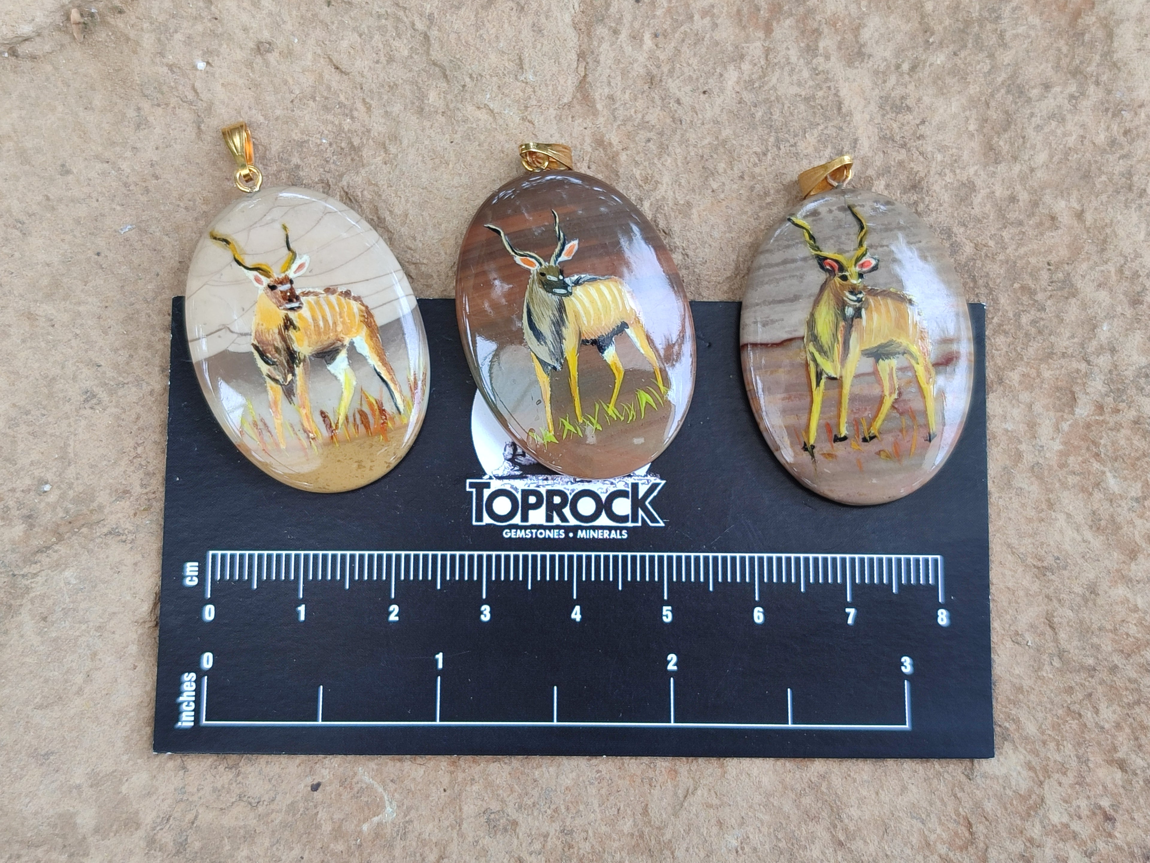 Polished Polychrome Jasper Pendant with Hand Painted Kudu - sold per item - From Madagascar - Toprock Gemstones and Minerals 