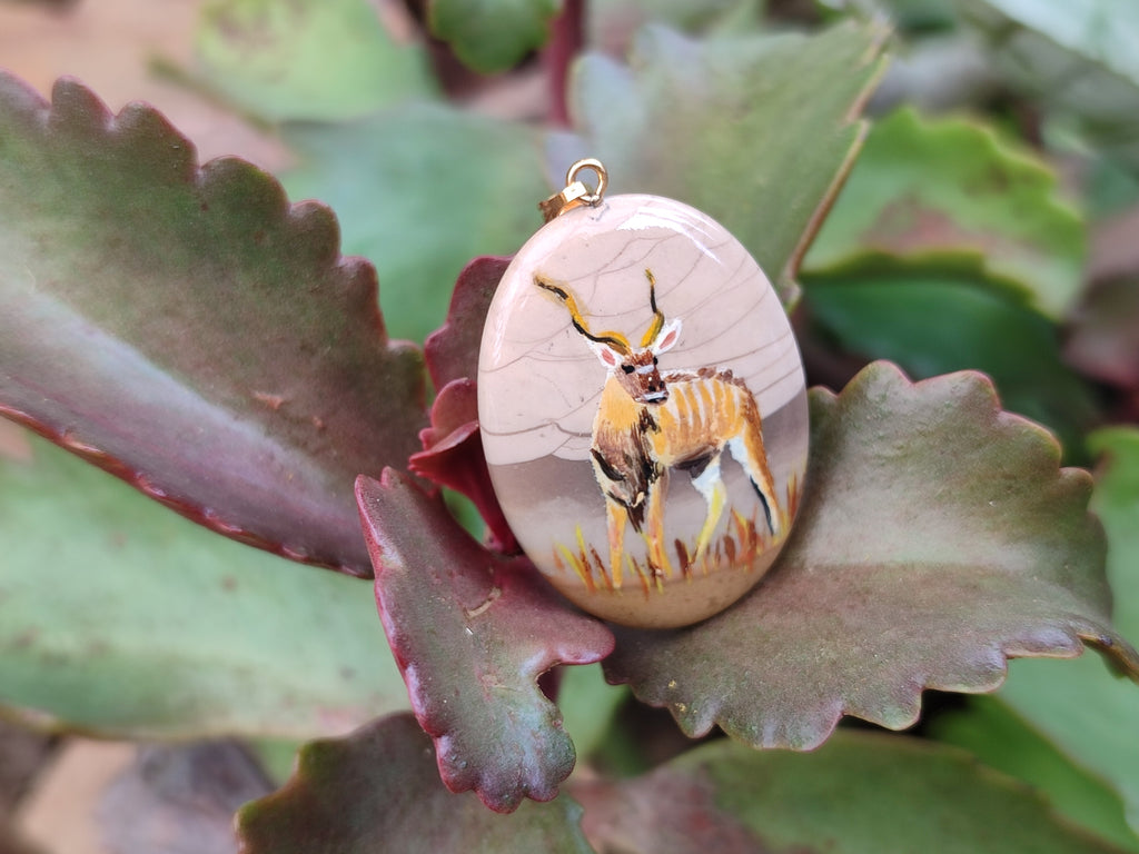 Polished Polychrome Jasper Pendant with Hand Painted Kudu - sold per item - From Madagascar - Toprock Gemstones and Minerals 