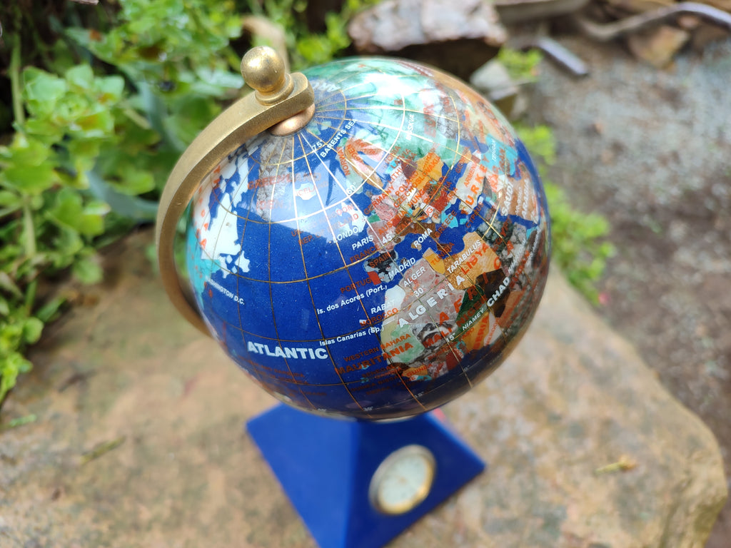 Hand Made Lapis Lazuli World Globe Clock x 1 From China - Toprock Gemstones and Minerals 
