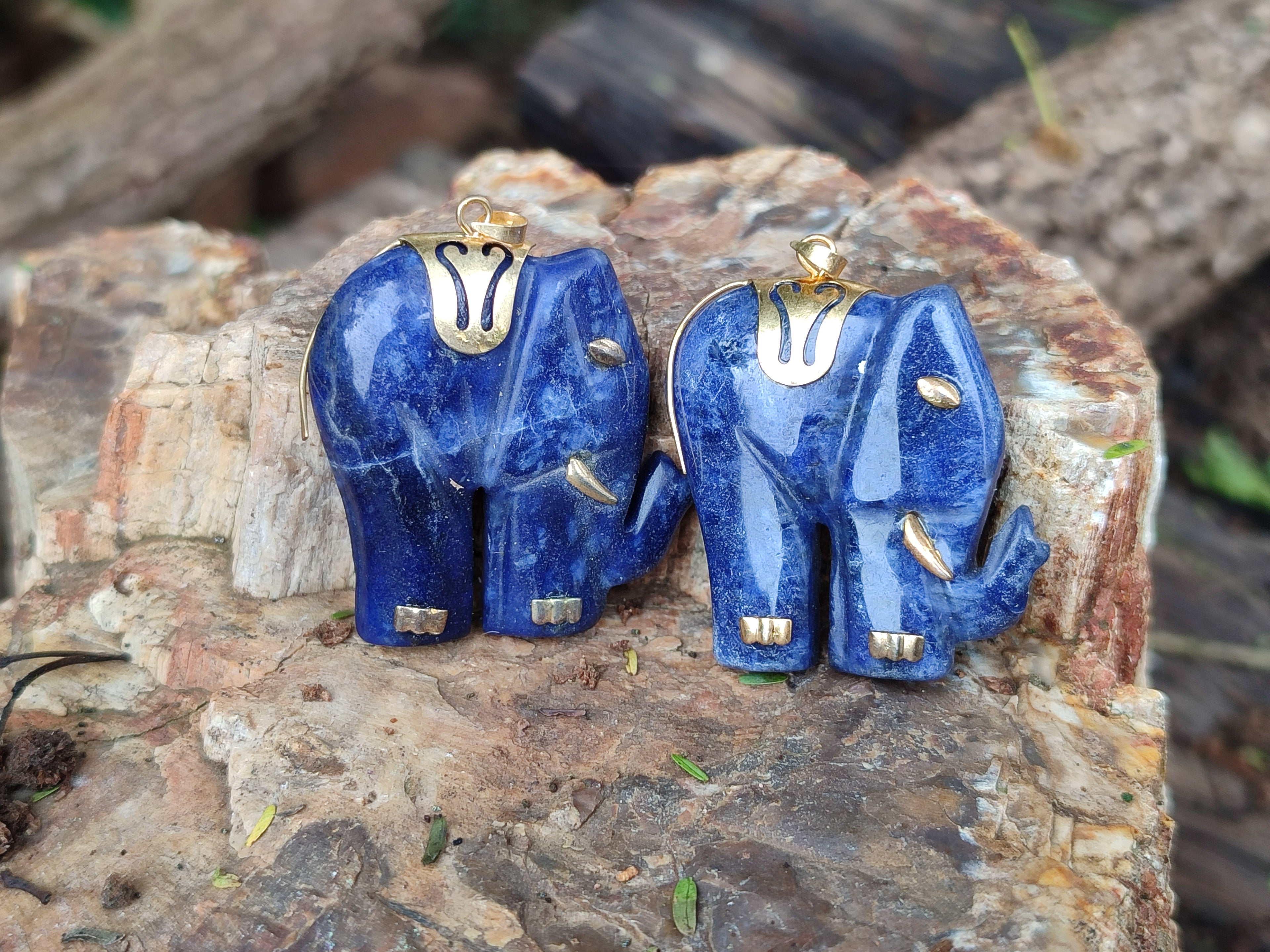 Polished Sodalite Elephant Pendant with Gold Bail and Trim - Sold Per Item - From Namibia - Toprock Gemstones and Minerals 