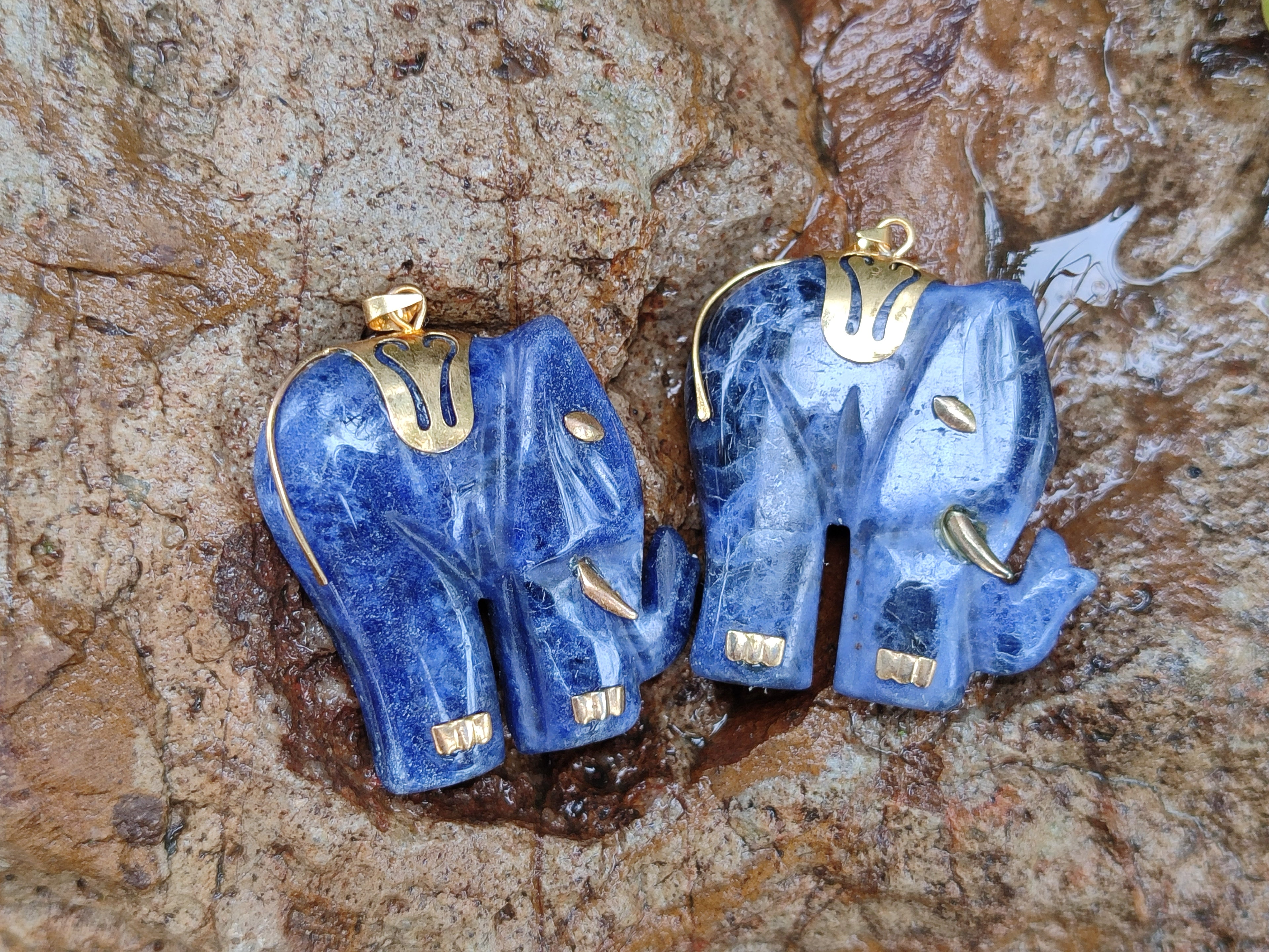 Polished Sodalite Elephant Pendant with Gold Bail and Trim - Sold Per Item - From Namibia - Toprock Gemstones and Minerals 