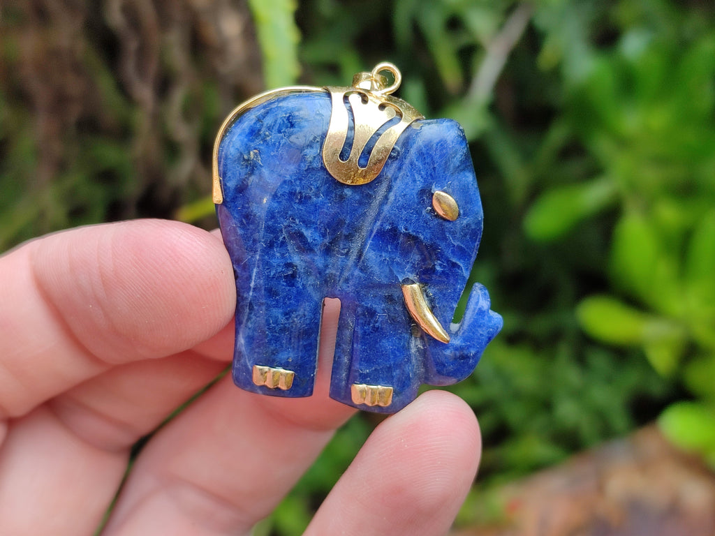 Polished Sodalite Elephant Pendant with Gold Bail and Trim - Sold Per Item - From Namibia - Toprock Gemstones and Minerals 