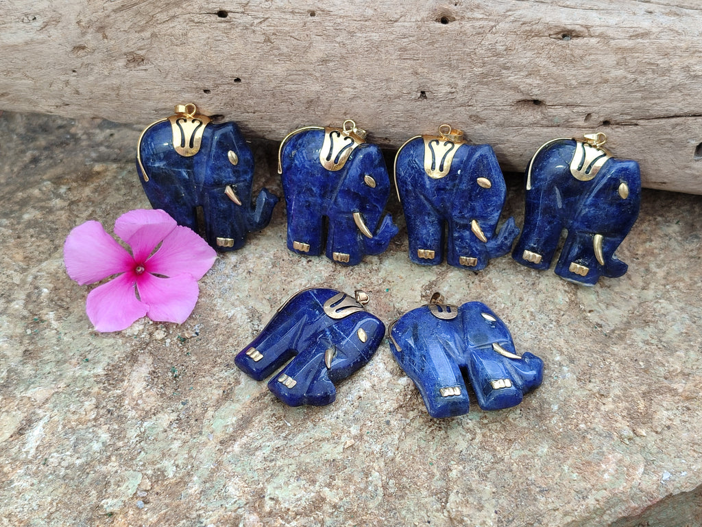 Polished Sodalite Elephant Pendant with Gold Bail and Trim - Sold Per Item - From Namibia - Toprock Gemstones and Minerals 
