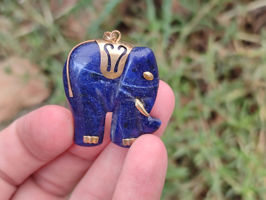 Polished Sodalite Elephant Pendant with Gold Bail and Trim - Sold Per Item - From Namibia - Toprock Gemstones and Minerals 