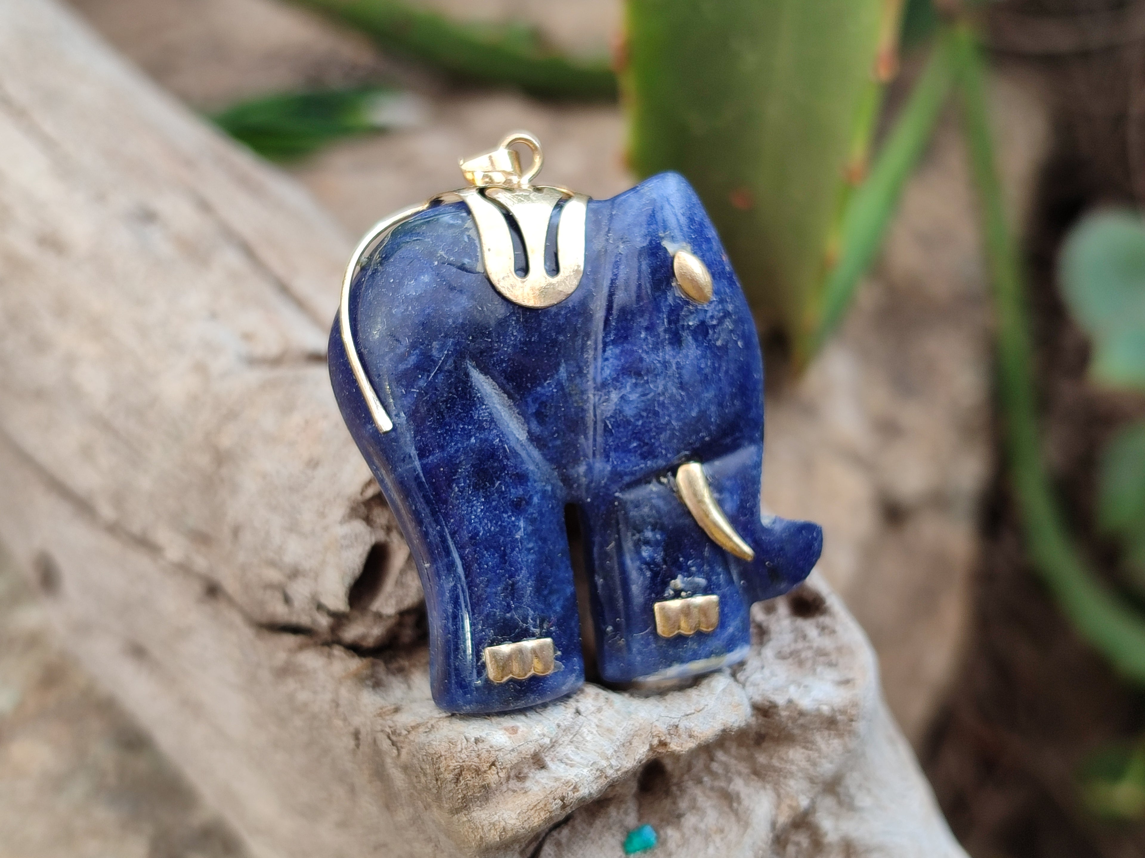 Polished Sodalite Elephant Pendant with Gold Bail and Trim - Sold Per Item - From Namibia - Toprock Gemstones and Minerals 