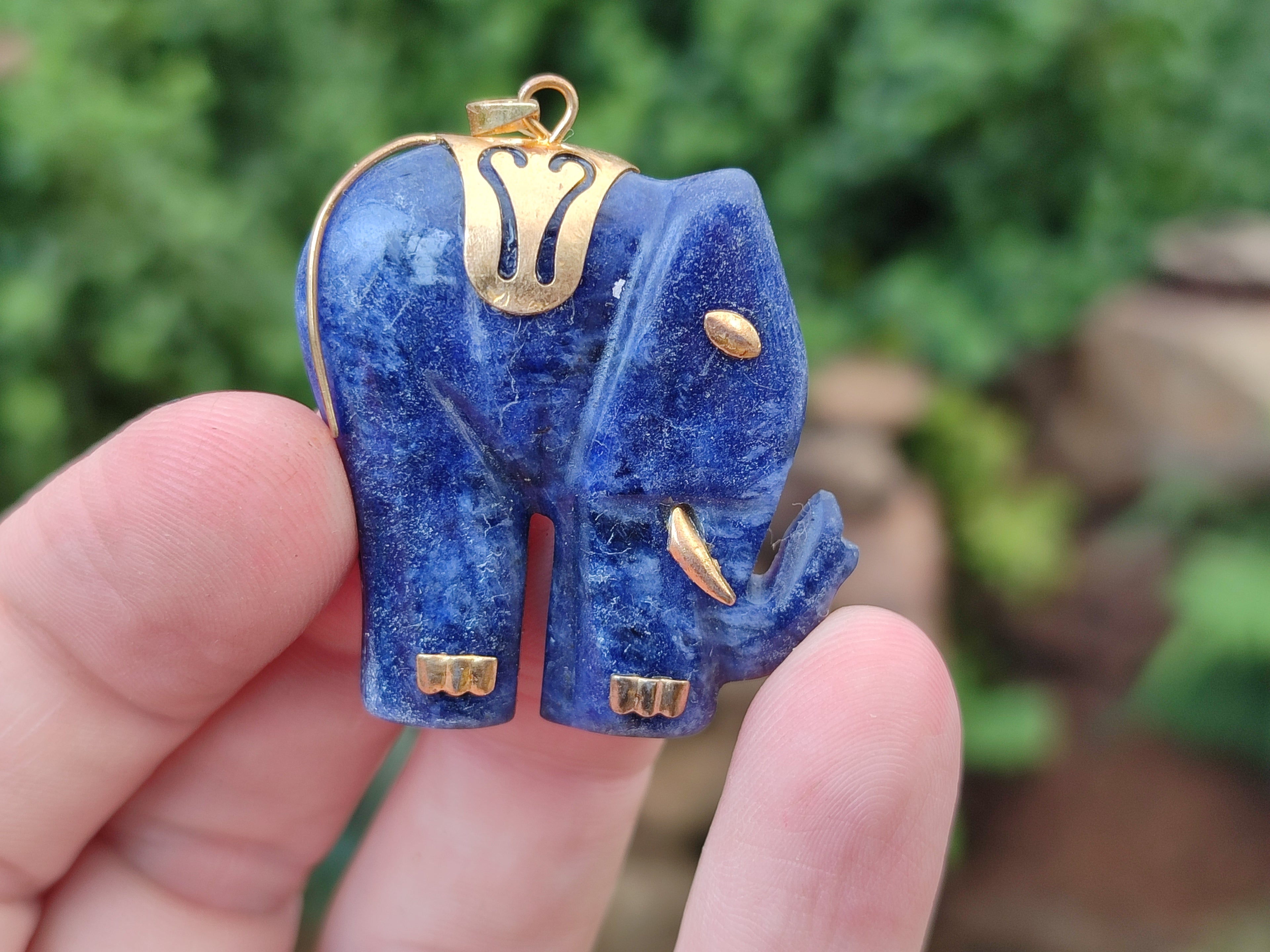 Polished Sodalite Elephant Pendant with Gold Bail and Trim - Sold Per Item - From Namibia - Toprock Gemstones and Minerals 