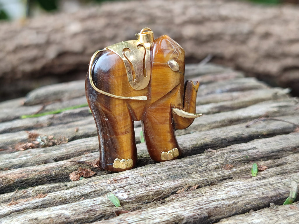 Polished Large Golden Tigers Eye Elephant Pendant with Gold Bail and Trim - Sold Per Item - From China - Toprock Gemstones and Minerals 