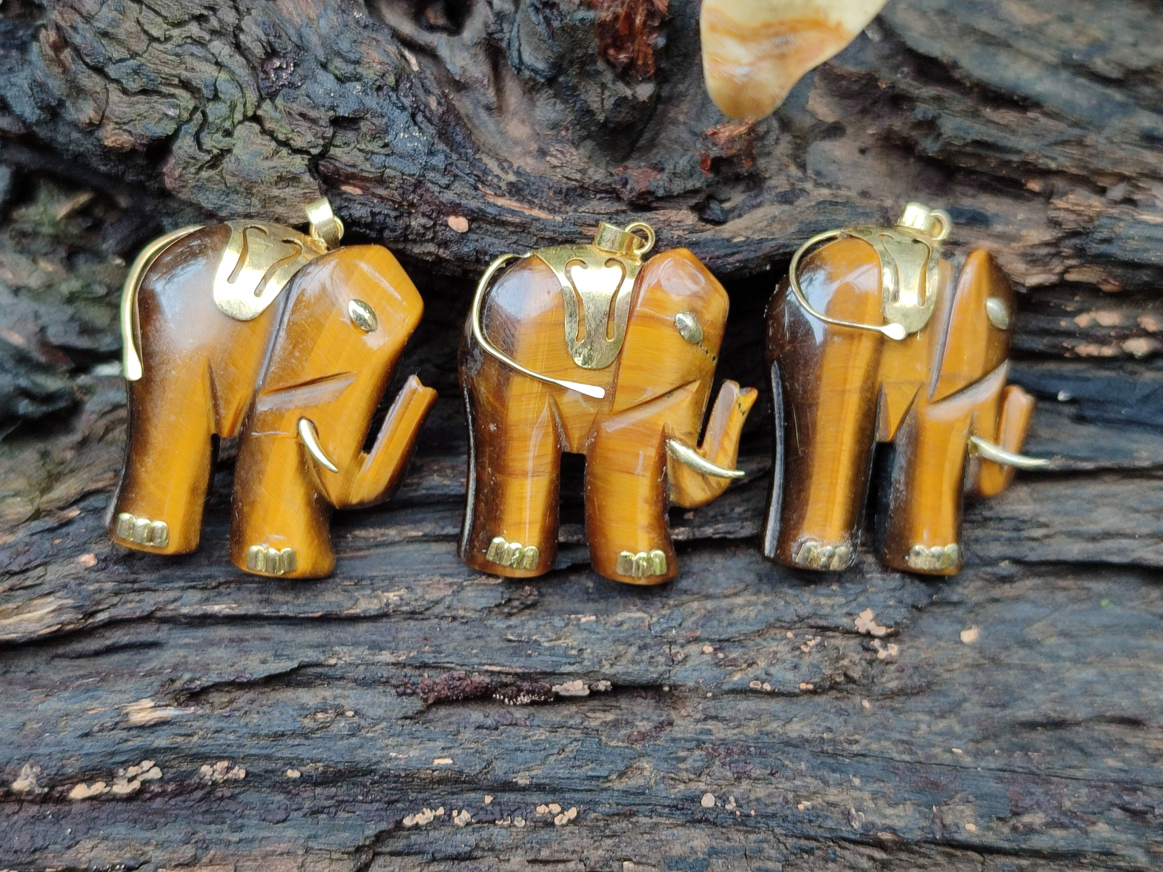 Polished Large Golden Tigers Eye Elephant Pendant with Gold Bail and Trim - Sold Per Item - From China - Toprock Gemstones and Minerals 