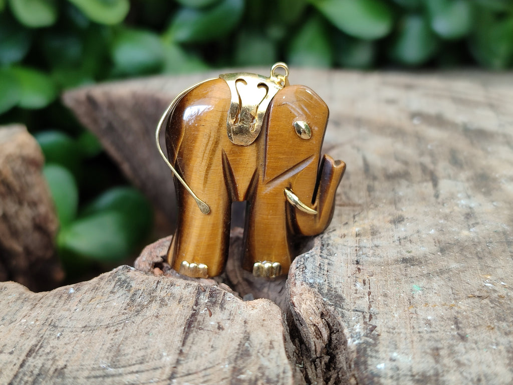 Polished Large Golden Tigers Eye Elephant Pendant with Gold Bail and Trim - Sold Per Item - From China - Toprock Gemstones and Minerals 