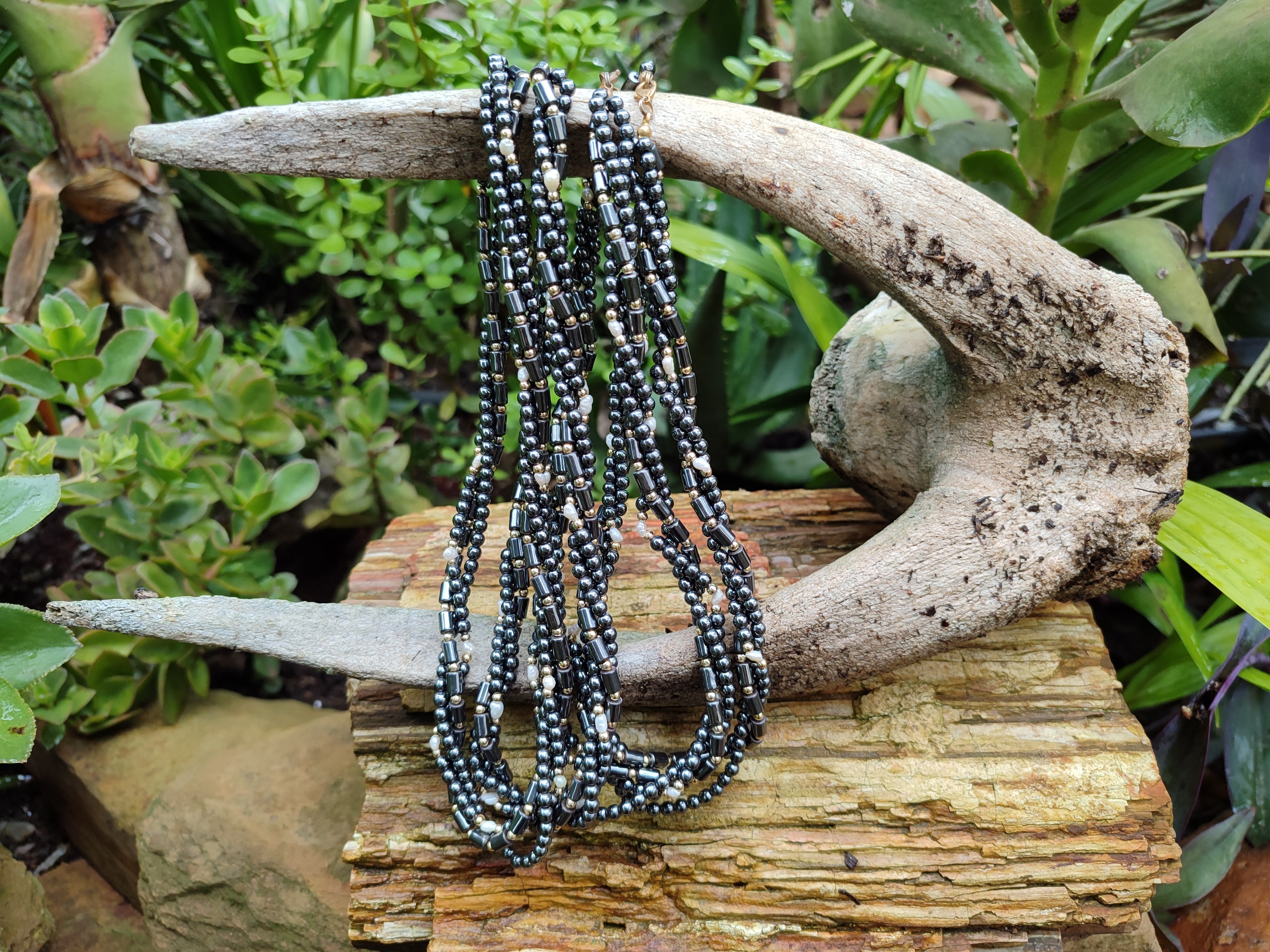 Polished Silver Hematite and Freshwater Pearl Triple Strand Beaded Necklace - Sold Per Item - From China - Toprock Gemstones and Minerals 