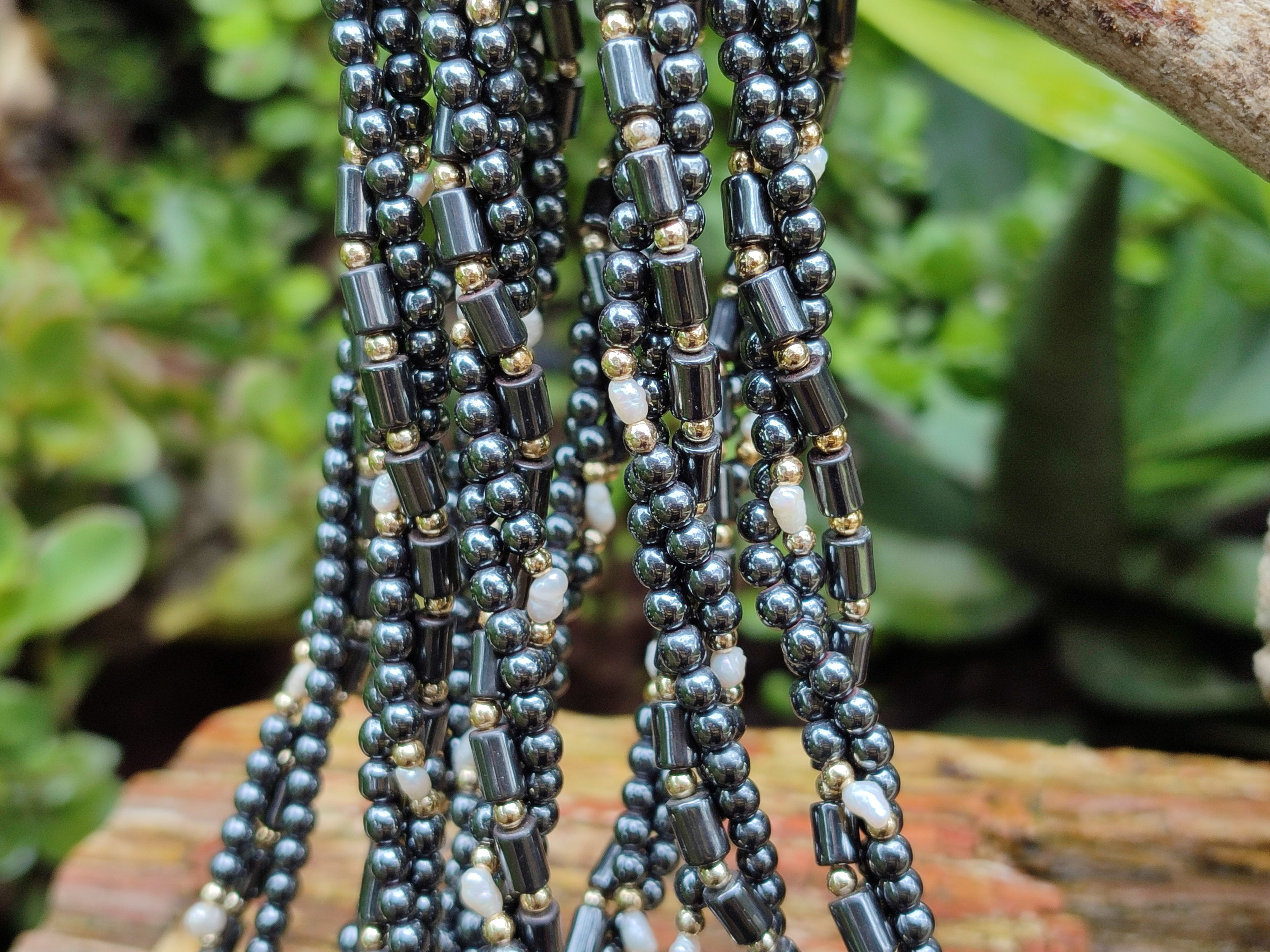 Polished Silver Hematite and Freshwater Pearl Triple Strand Beaded Necklace - Sold Per Item - From China - Toprock Gemstones and Minerals 