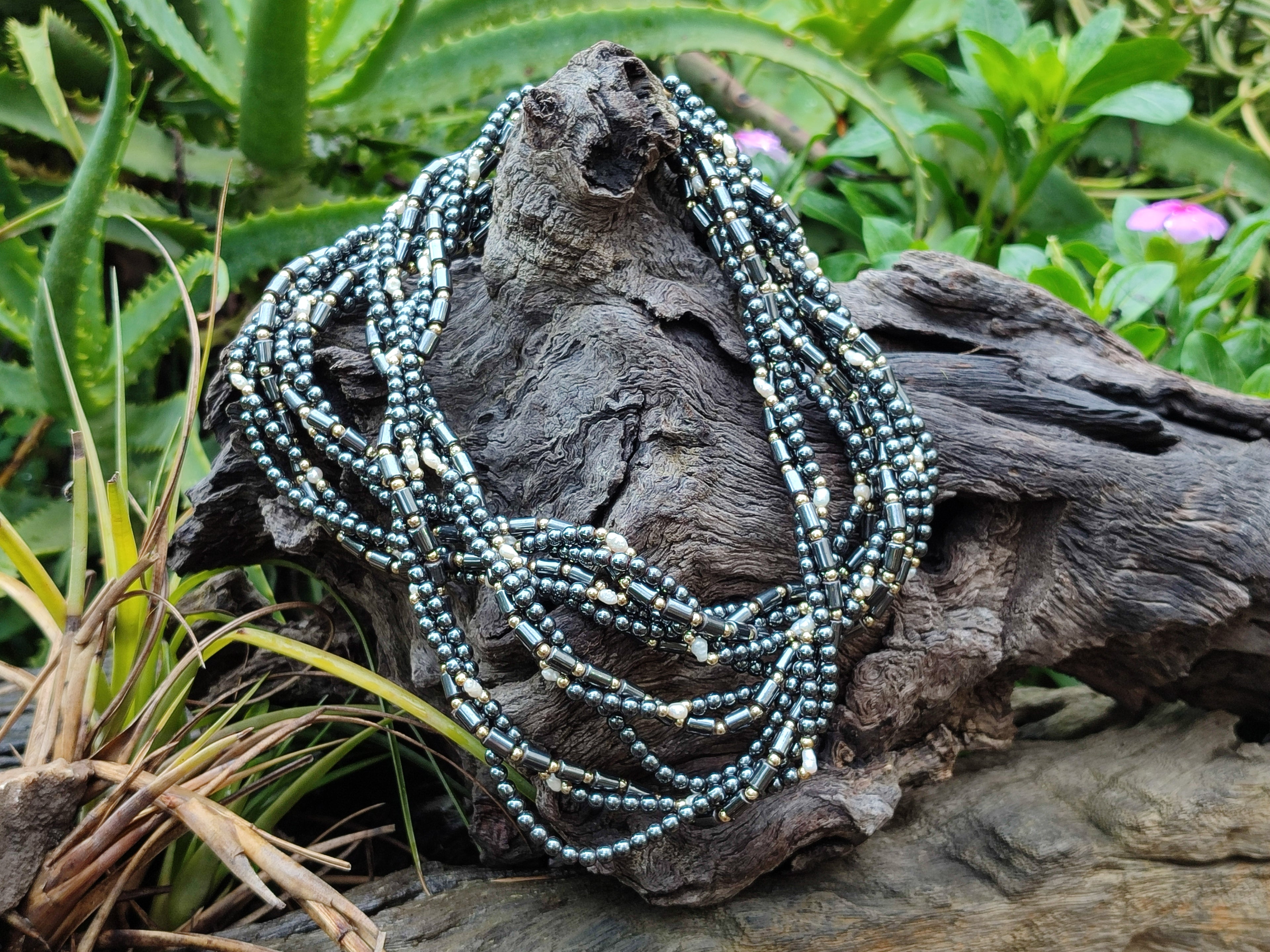 Polished Silver Hematite and Freshwater Pearl Triple Strand Beaded Necklace - Sold Per Item - From China - Toprock Gemstones and Minerals 