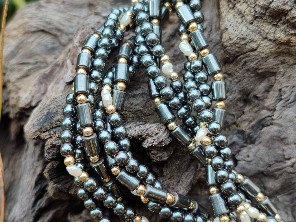 Polished Silver Hematite and Freshwater Pearl Triple Strand Beaded Necklace - Sold Per Item - From China - Toprock Gemstones and Minerals 