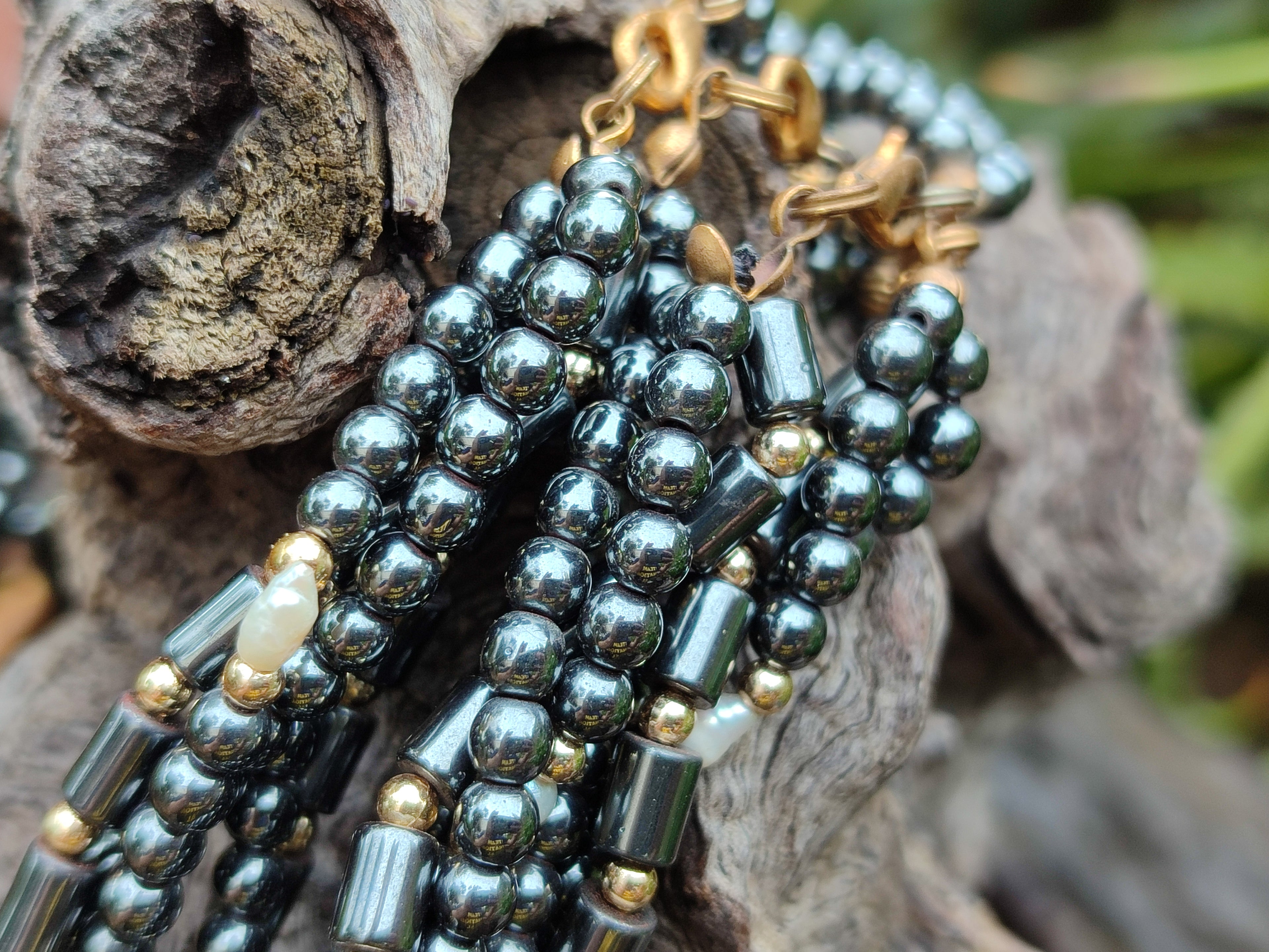 Polished Silver Hematite and Freshwater Pearl Triple Strand Beaded Necklace - Sold Per Item - From China - Toprock Gemstones and Minerals 