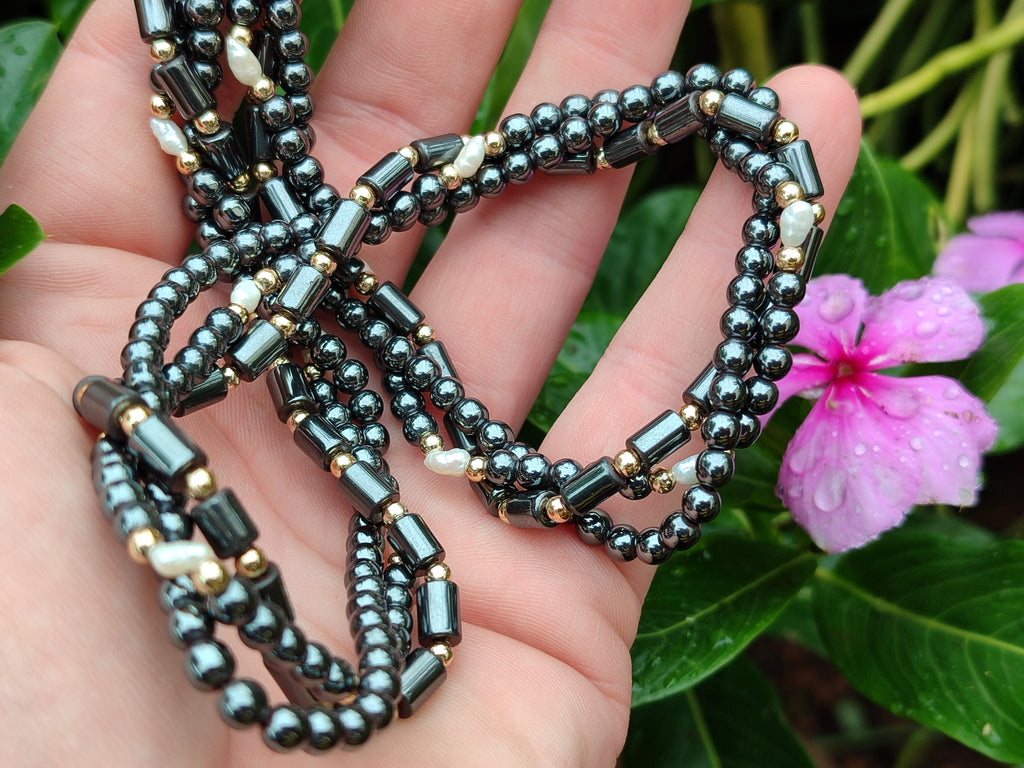 Polished Silver Hematite and Freshwater Pearl Triple Strand Beaded Necklace - Sold Per Item - From China - Toprock Gemstones and Minerals 