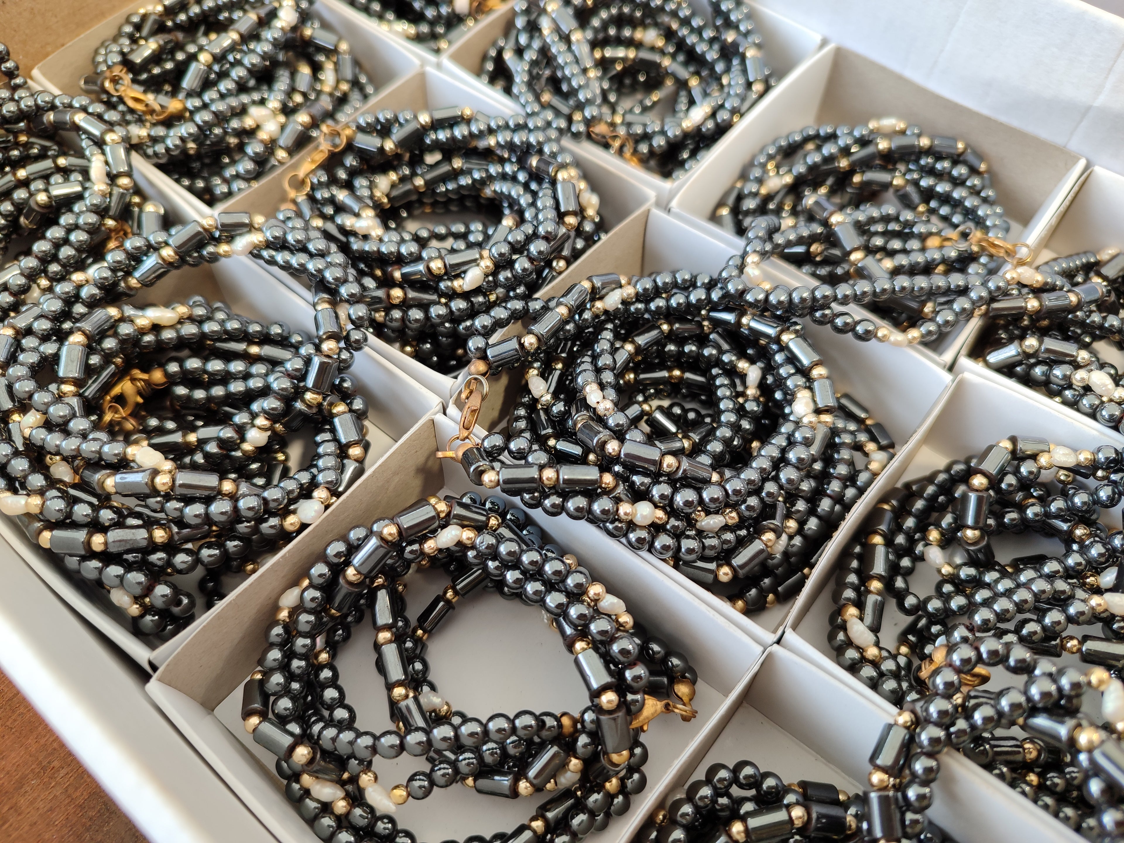 Polished Silver Hematite and Freshwater Pearl Triple Strand Beaded Necklace - Sold Per Item - From China - Toprock Gemstones and Minerals 