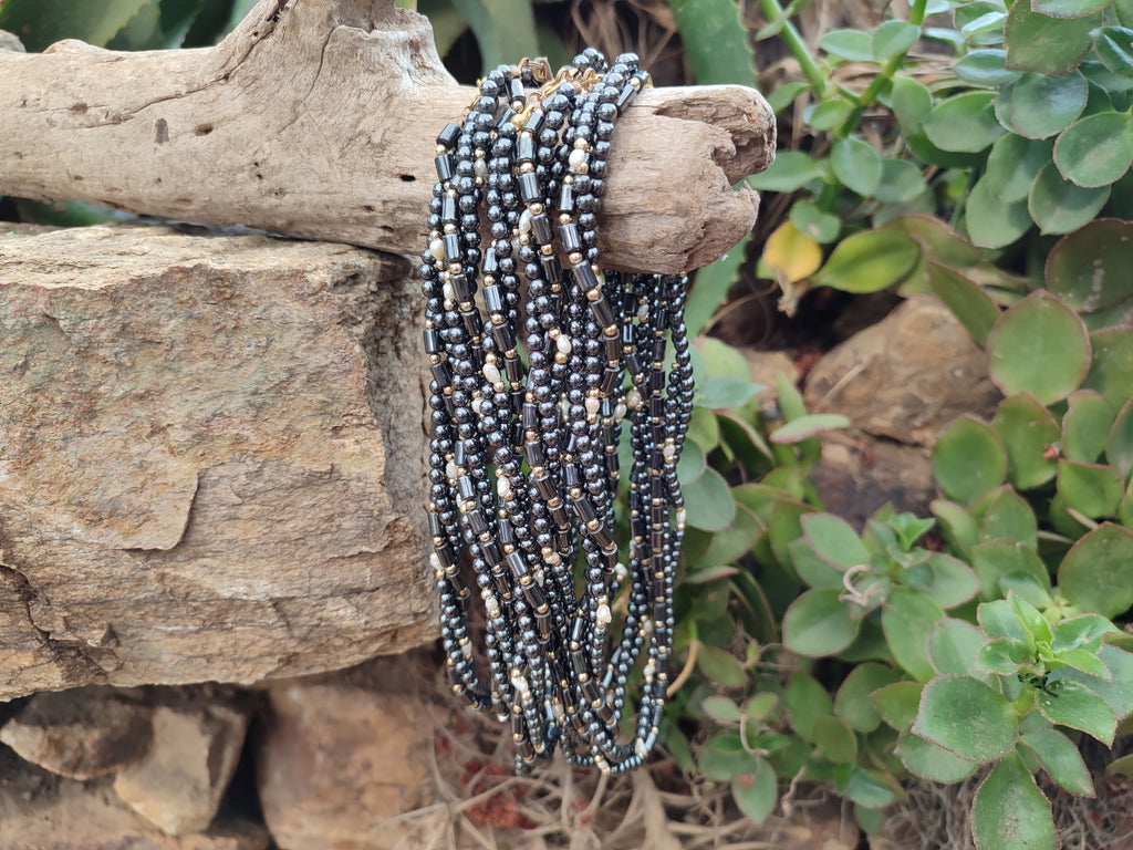 Polished Silver Hematite and Freshwater Pearl Triple Strand Beaded Necklace - Sold Per Item - From China - Toprock Gemstones and Minerals 