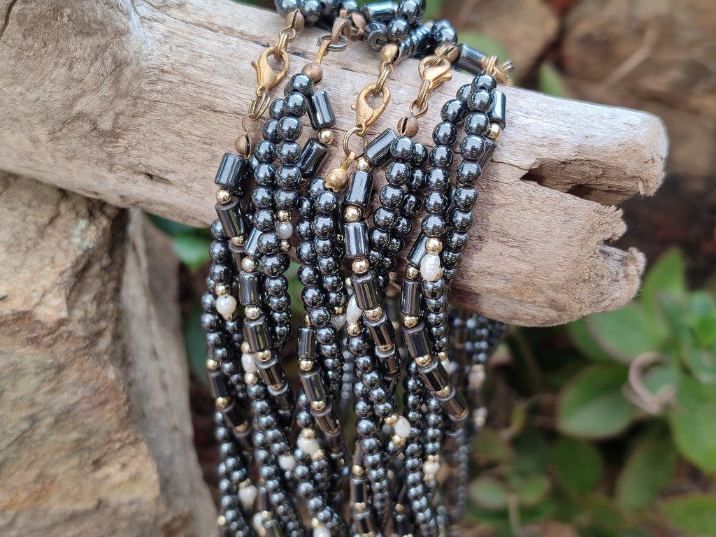 Polished Silver Hematite and Freshwater Pearl Triple Strand Beaded Necklace - Sold Per Item - From China - Toprock Gemstones and Minerals 