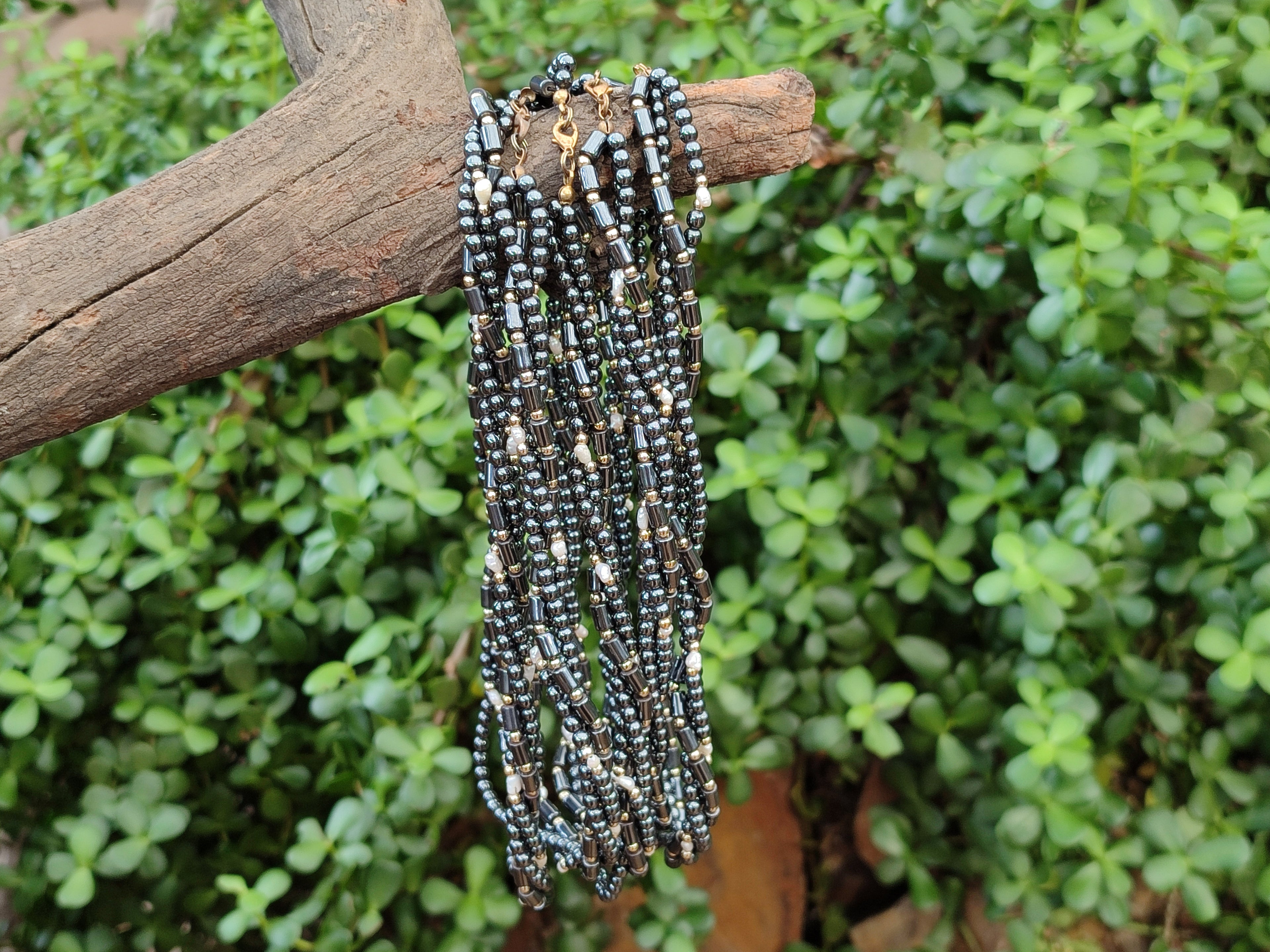 Polished Silver Hematite and Freshwater Pearl Triple Strand Beaded Necklace - Sold Per Item - From China - Toprock Gemstones and Minerals 