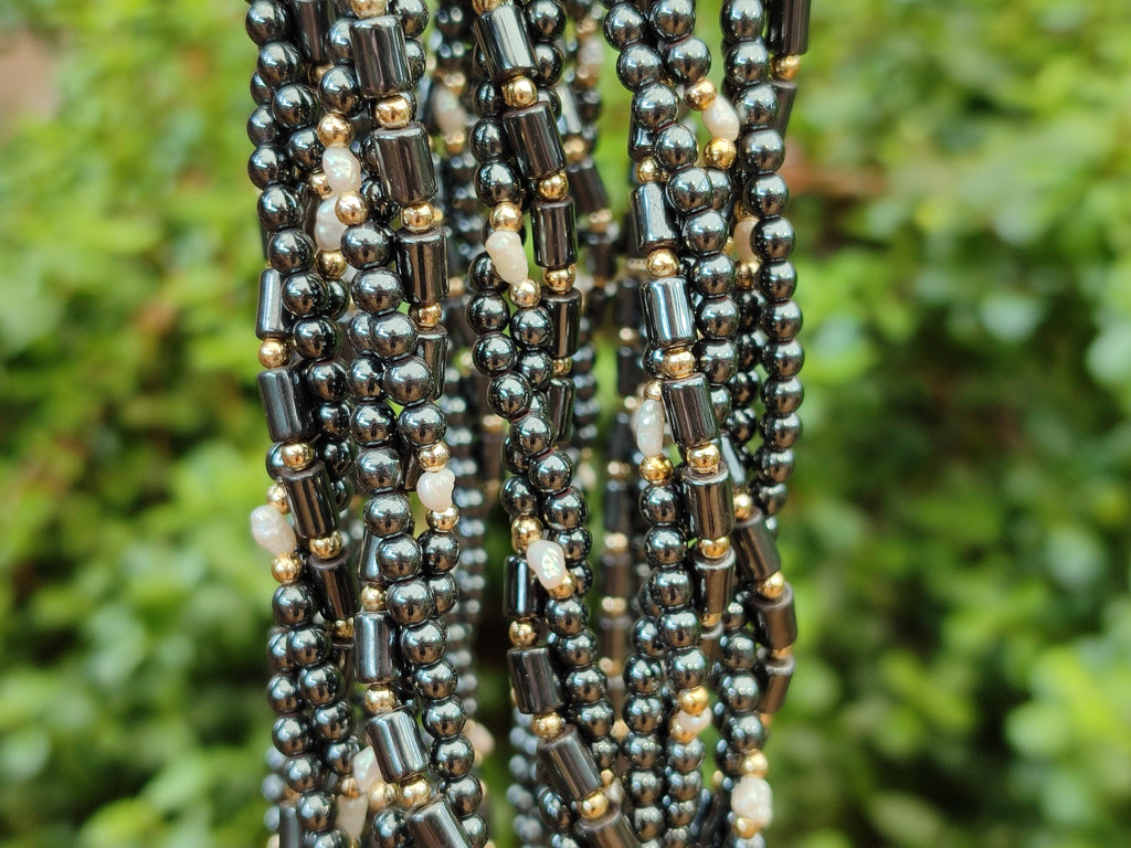 Polished Silver Hematite and Freshwater Pearl Triple Strand Beaded Necklace - Sold Per Item - From China - Toprock Gemstones and Minerals 